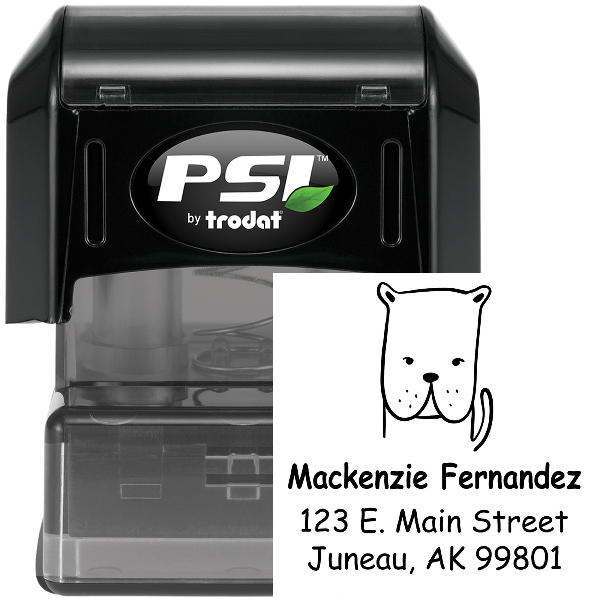 Image of a black pre-inked stamp labeled "PSI by Trodat" with a design featuring a dog's face. The stamp is customized with the name Mackenzie Fernandez and an address. Keywords: Darling Dog Pre-Inked Handcrafted Envelope Stamp, Custom-Made Home Stamp.
