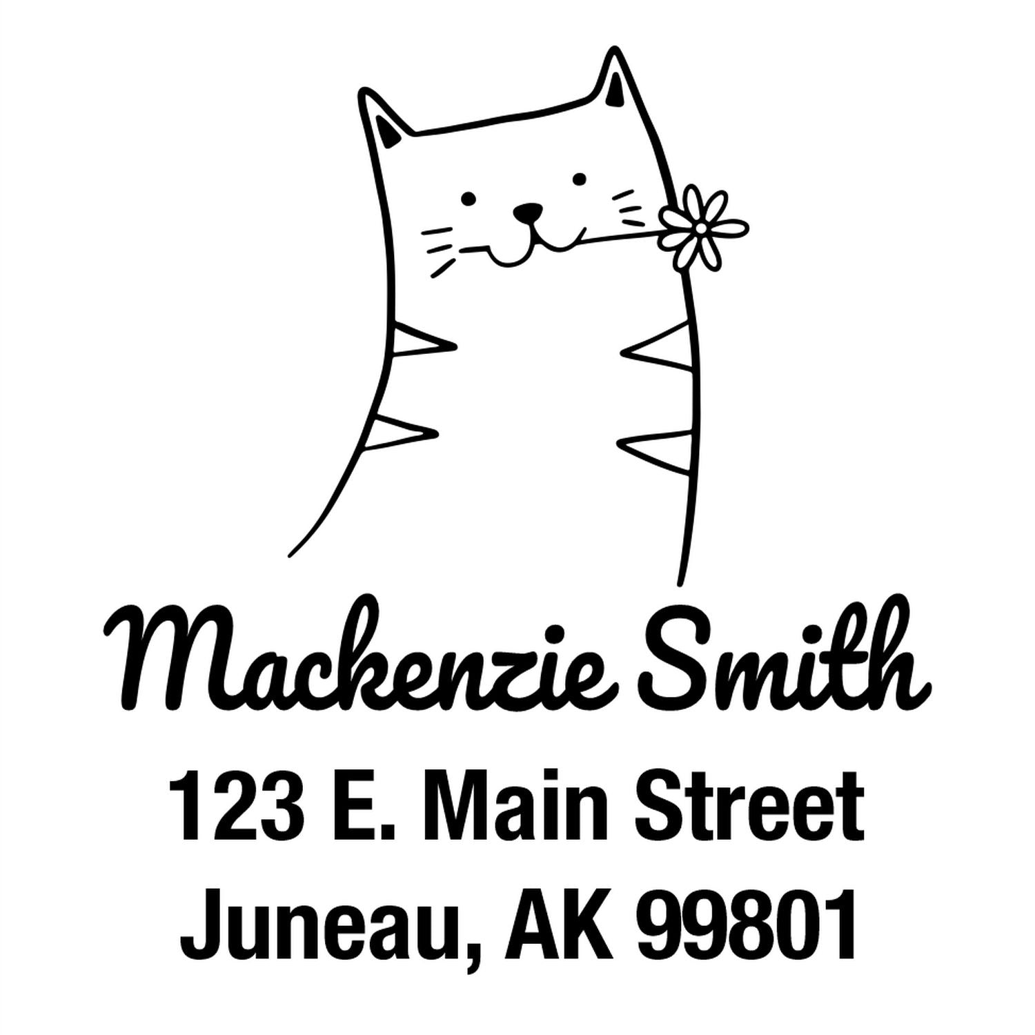 Wood handle happy cat cartoon animal custom address stamper featuring a smiling cat holding a flower. Text below reads "Mackenzie Smith, 123 E. Main Street, Juneau, AK 99801." Ideal for a customizable home stamper.