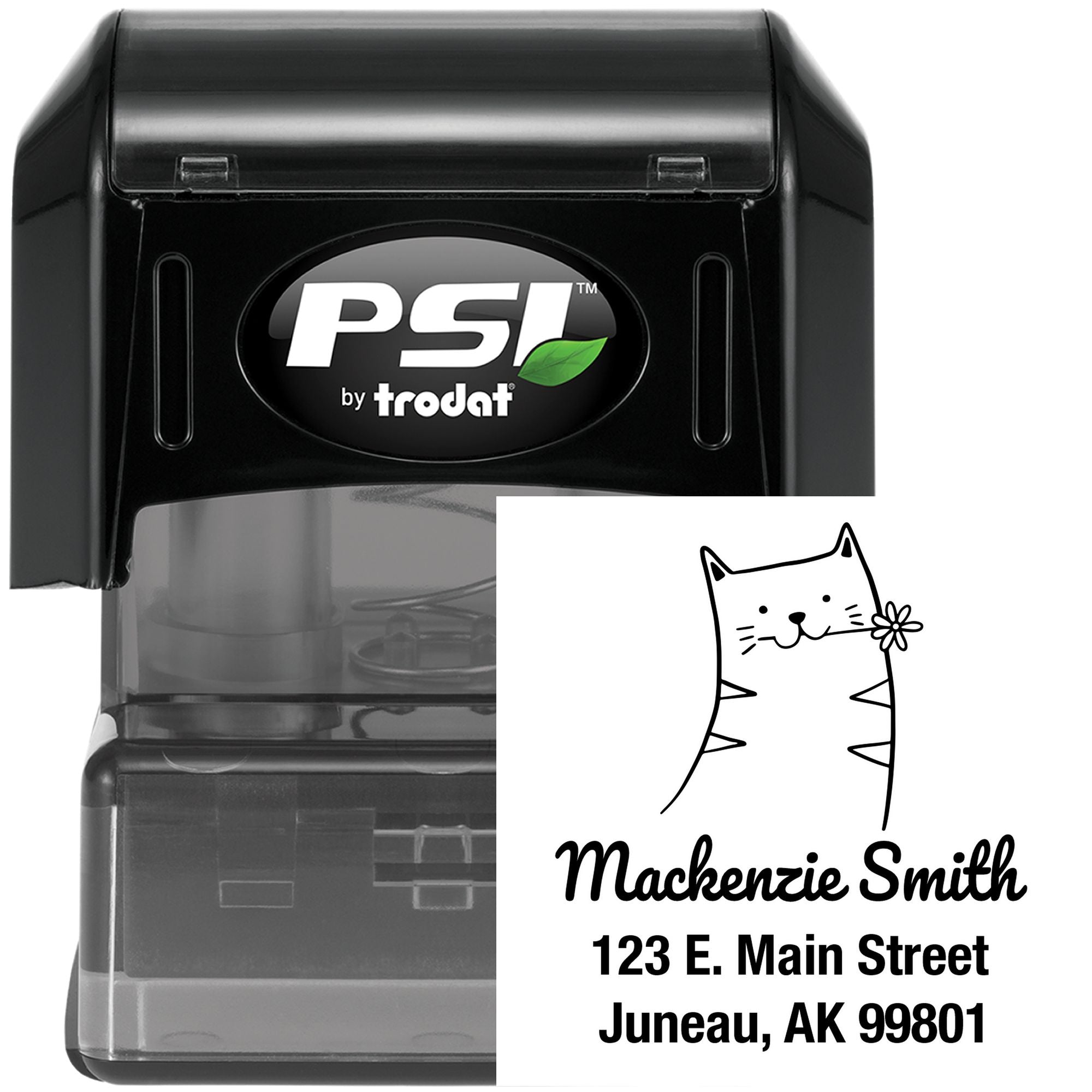 Happy Cat Pre-Inked Handcrafted Envelope Stamper featuring a cute cat design. The Customized Home Stamper displays the name "Mackenzie Smith" with an address in Juneau, AK. The stamper is black with a clear base, showcasing the PSI logo.