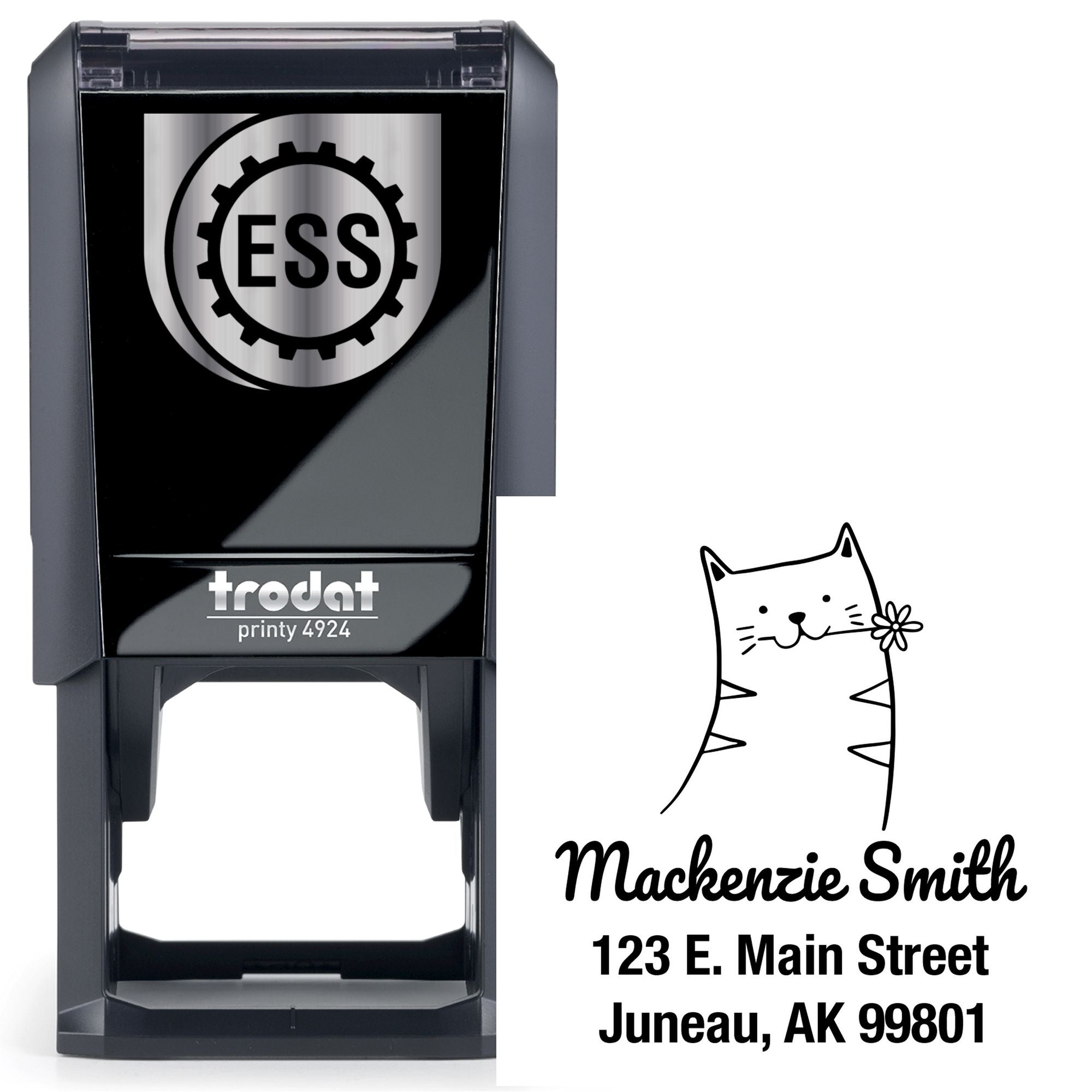 Self-Inking Cartoon Animal Happy Cat Personalized Address Stamp featuring a smiling cat with a flower. Personalized Mailing Stamper includes the name Mackenzie Smith and address 123 E. Main Street, Juneau, AK 99801. Black Trodat printy 4924 stamper shown.