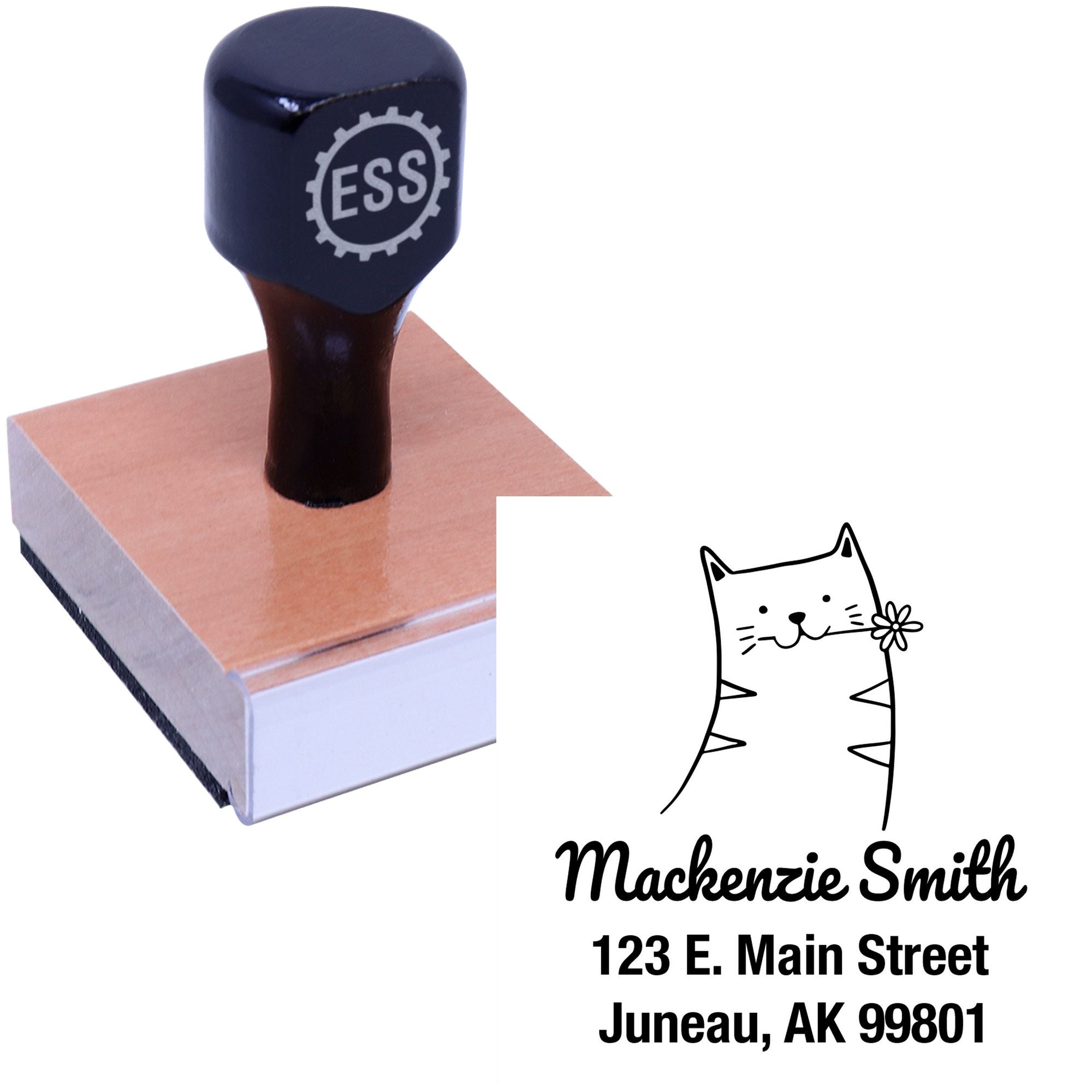 Wood handle happy cat cartoon animal custom address stamper with a customizable address stamper design. The image shows a wooden-handled stamp next to an example imprint featuring a smiling cat and address details.