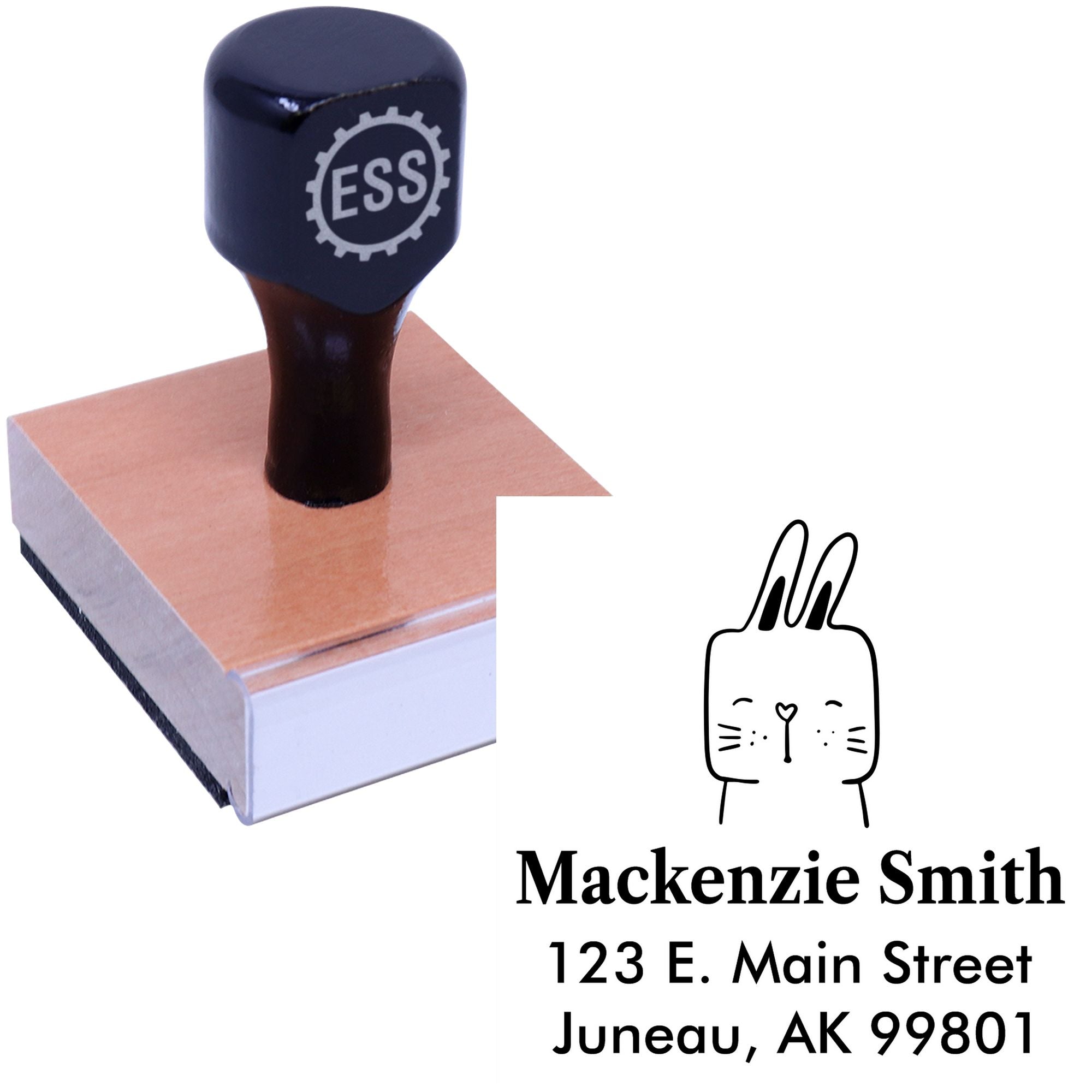 Wood Handle Fuzzy Rabbit Cartoon Animal Custom Name And Address Stamp featuring a customizable address stamper with a wooden handle and a cute rabbit design. The stamp displays the name "Mackenzie Smith" and an address in Juneau, AK.