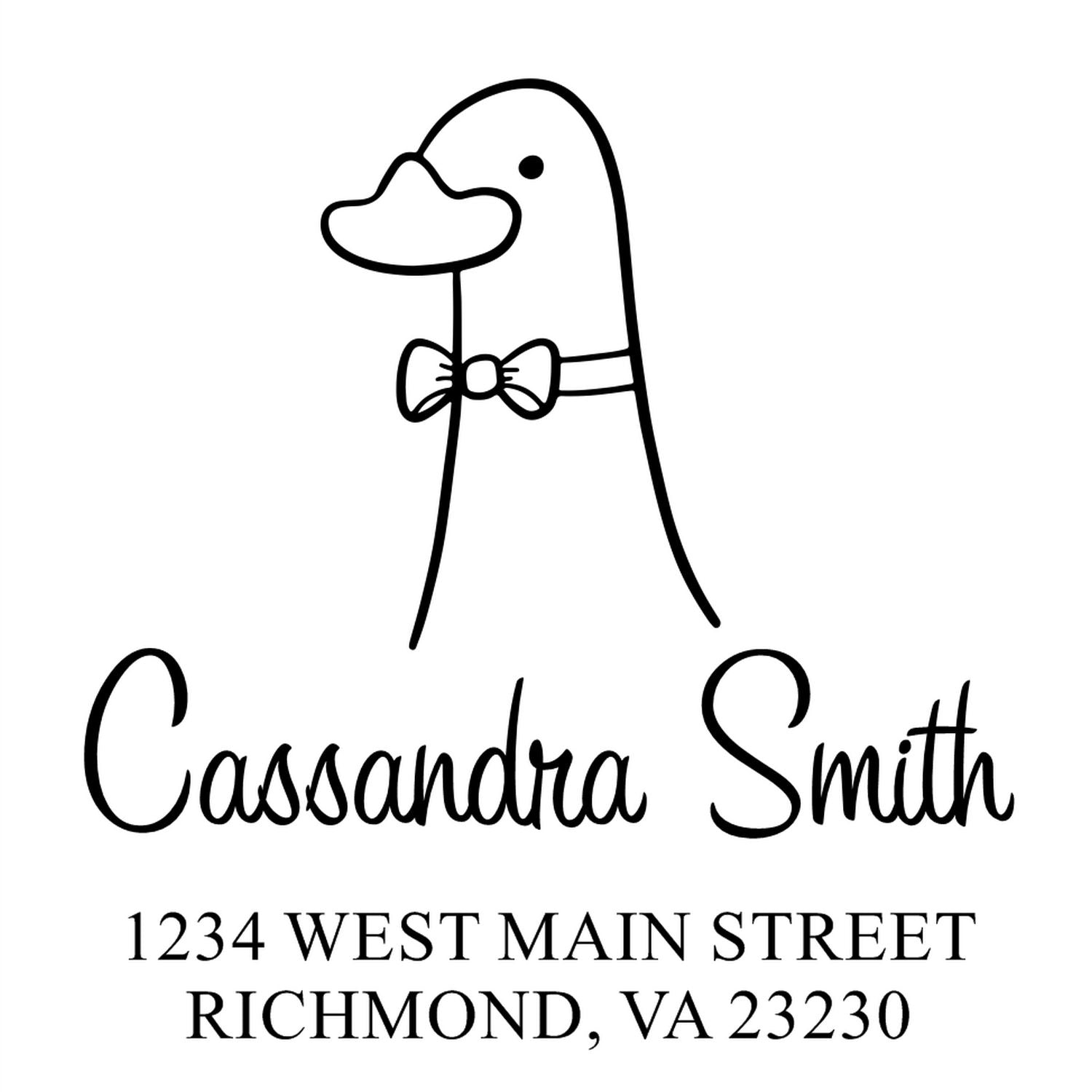 Wood Handle Dashing Duck Cartoon Animal Custom Name And Address Stamper featuring a duck with a bow tie. Text reads "Cassandra Smith, 1234 West Main Street, Richmond, VA 23230." Customizable Home Stamper for personalized use.