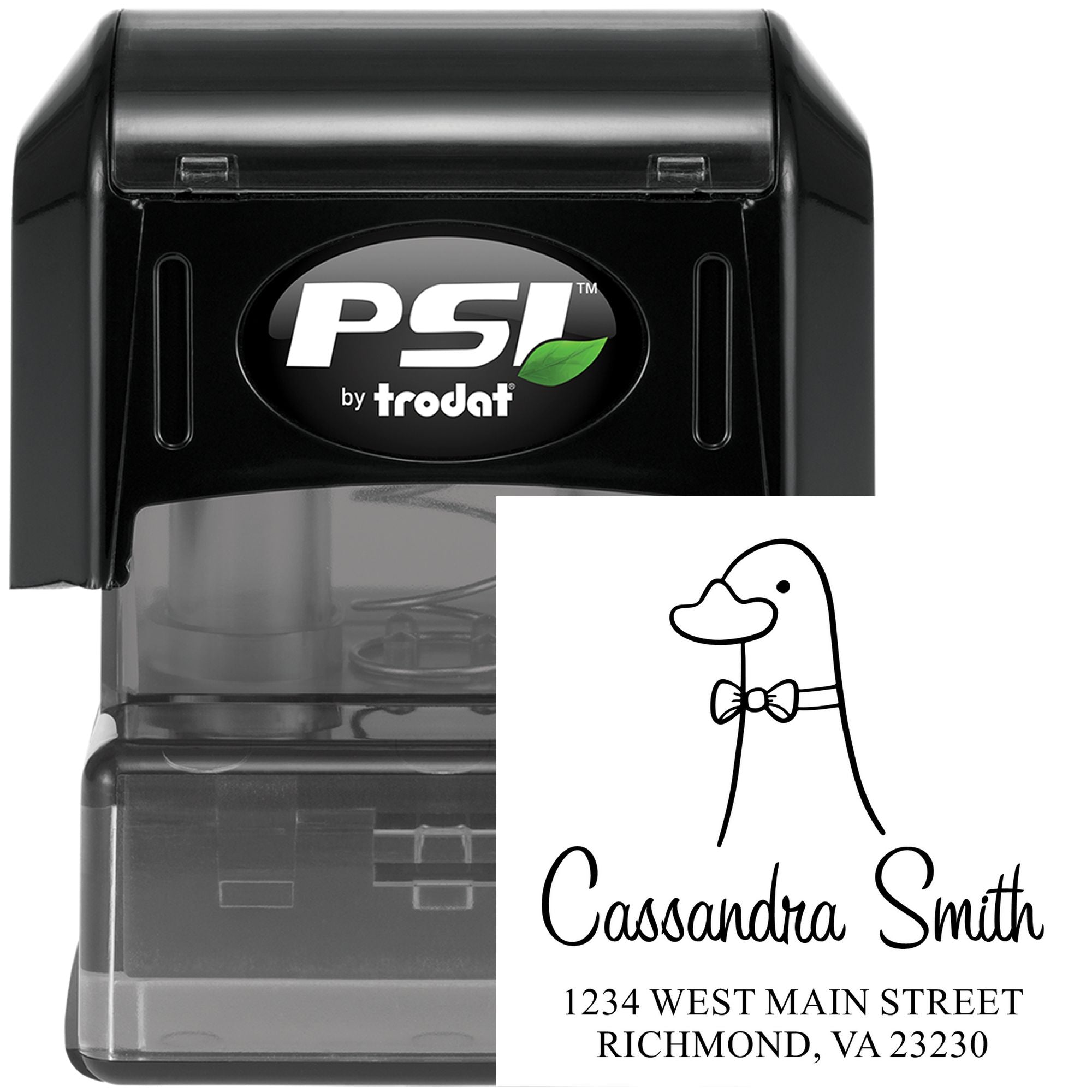 Image of a Dashing Duck Pre-Inked Handcrafted Address Stamper featuring a customizable home stamp design. The stamper is black with a transparent base, showcasing a duck illustration with a bow tie and sample address text.