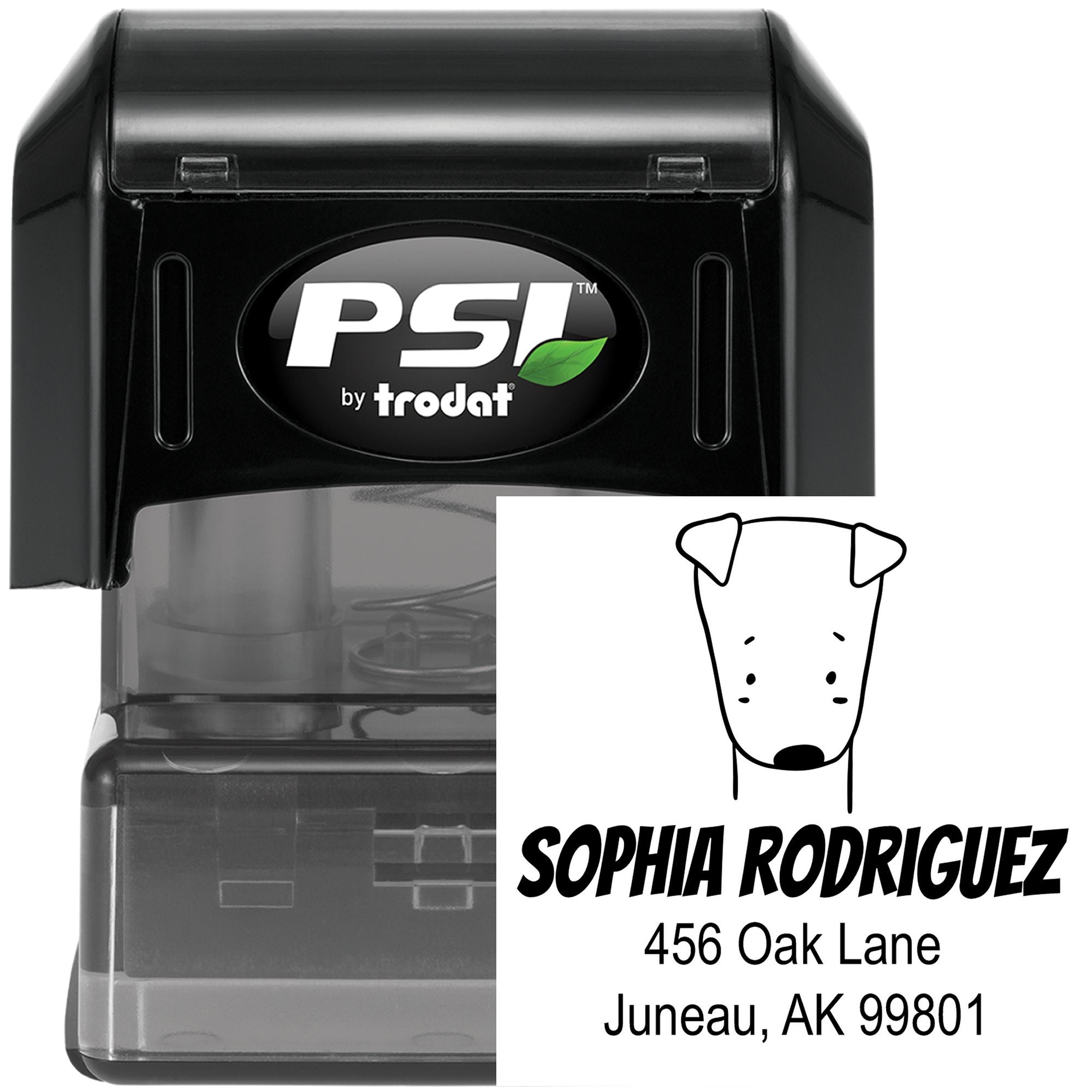 Daring Dog Pre-Inked Handcrafted Name And Address Stamp featuring a customizable new address stamper design with a dog illustration and sample text: Sophia Rodriguez, 456 Oak Lane, Juneau, AK 99801.