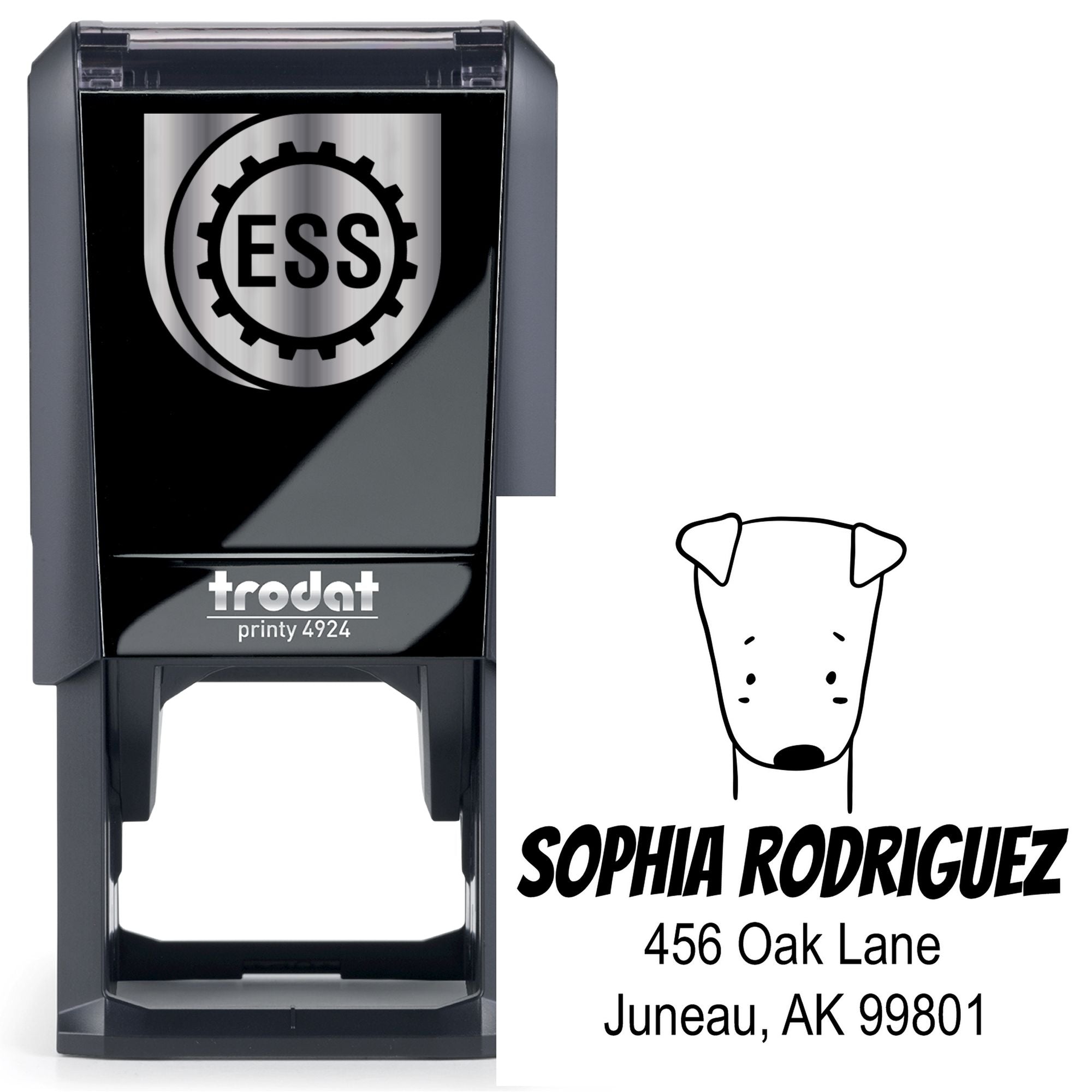 Self-Inking Cartoon Animal Daring Dog Personalized Name And Address Stamper featuring a custom-made new address stamper design with a cute dog illustration and the name "Sophia Rodriguez" with an address in Juneau, AK.