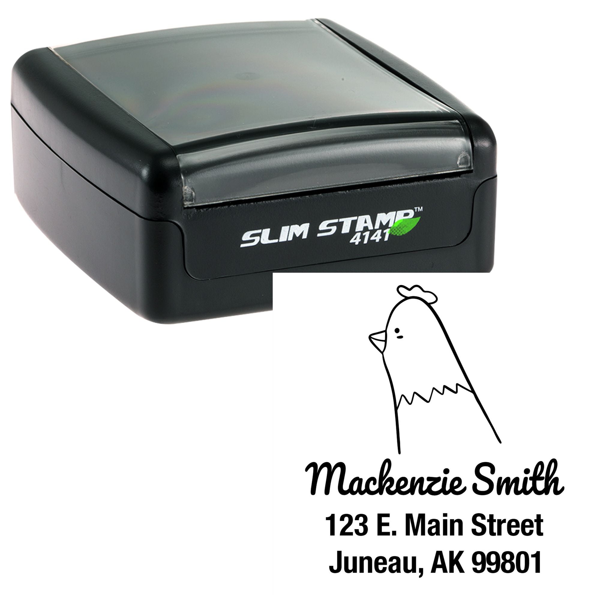 Image of a black Portable Pre-Inked Clucking Chicken Made To Order Name And Address Stamper. The Customized Home Stamper features a chicken illustration with the name "Mackenzie Smith" and address "123 E. Main Street, Juneau, AK 99801" printed below.