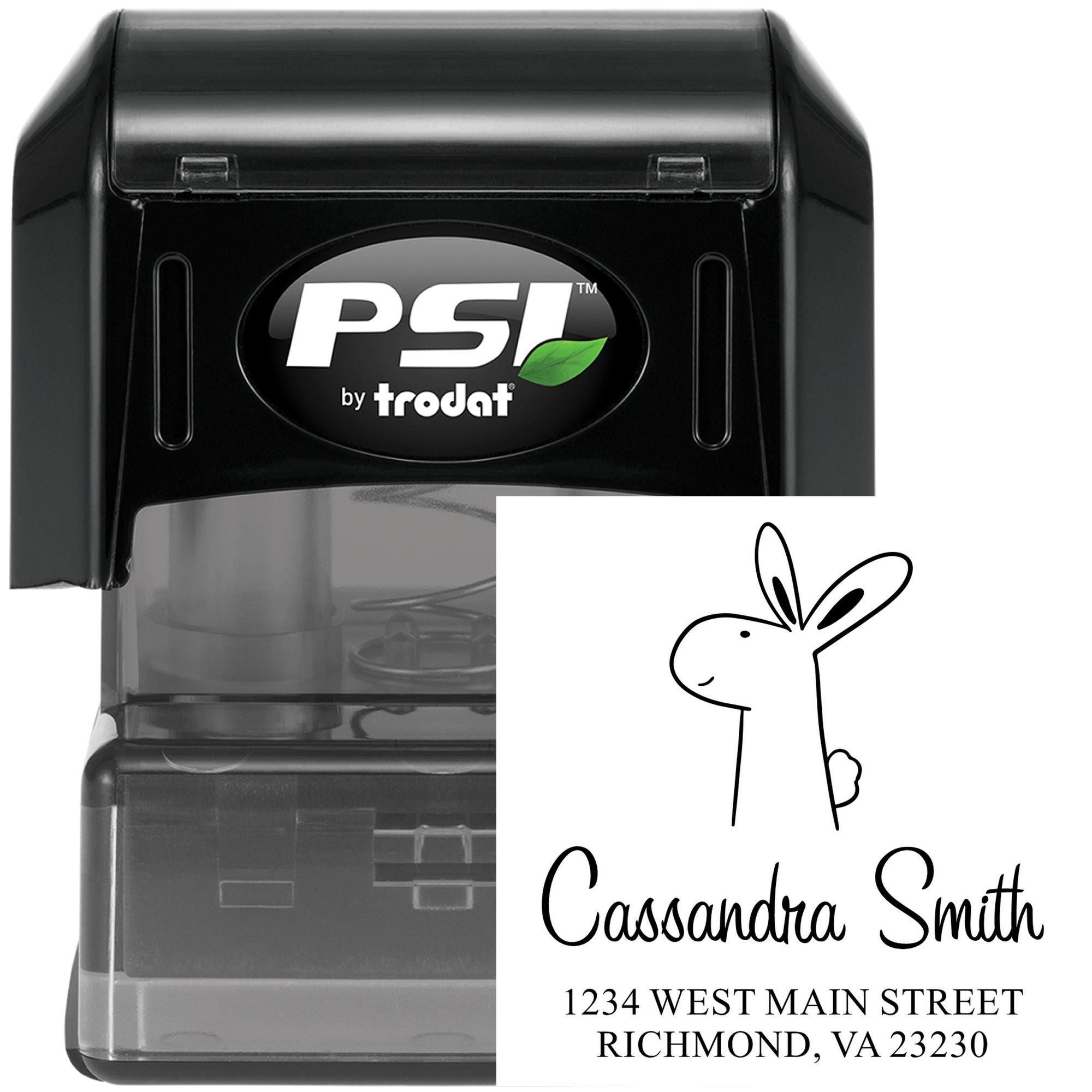 Image of a Bouncy Bunny Pre-Inked Handcrafted Home Address Stamp. The customizable mailing stamper features a cute bunny illustration with the name "Cassandra Smith" and address "1234 West Main Street, Richmond, VA 23230" in elegant font.