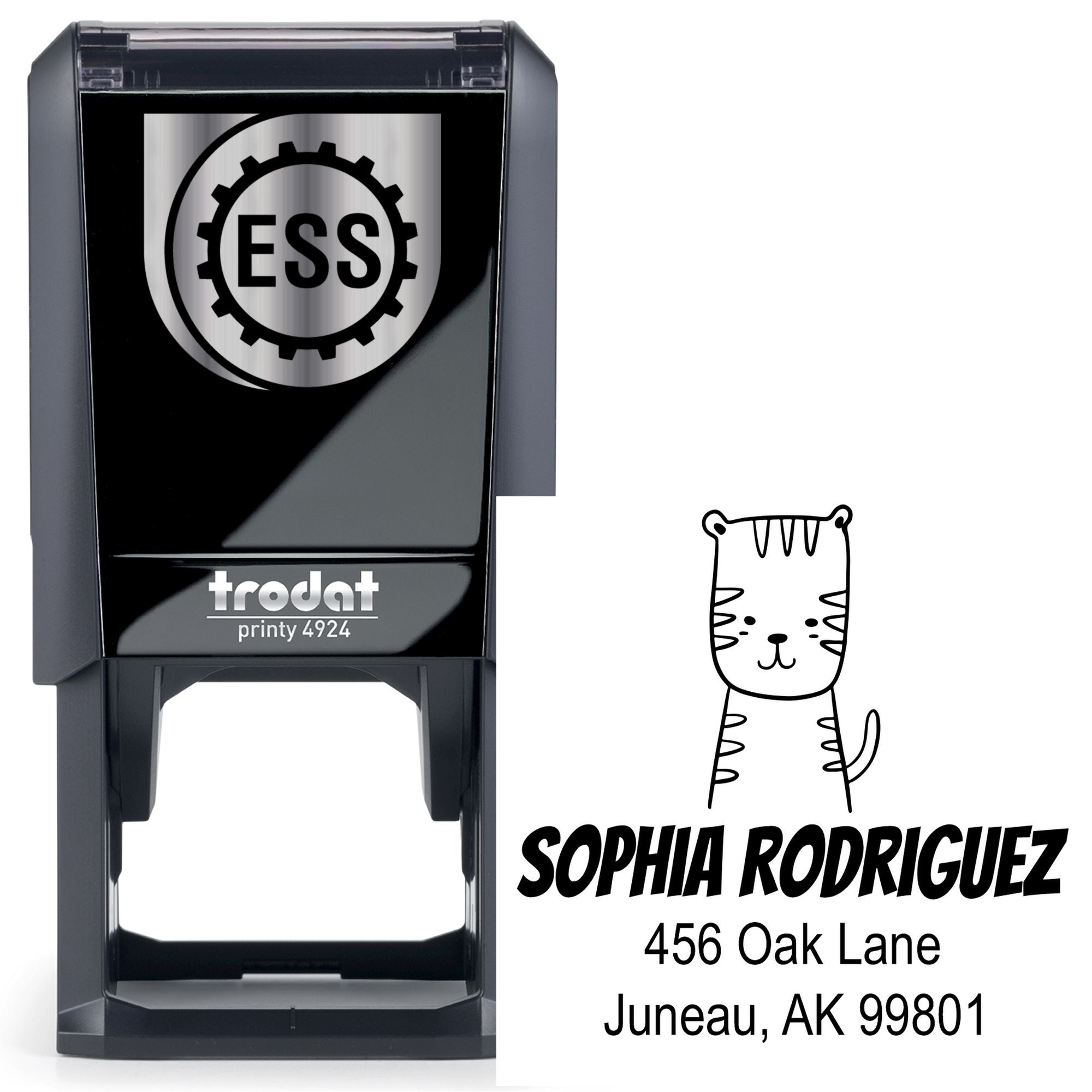 Self-Inking Cartoon Animal Terrific Tiger Personalized Return Address Stamp featuring a cute tiger illustration. The Personalizable New Address Stamper displays "Sophia Rodriguez, 456 Oak Lane, Juneau, AK 99801" with a sleek black design.