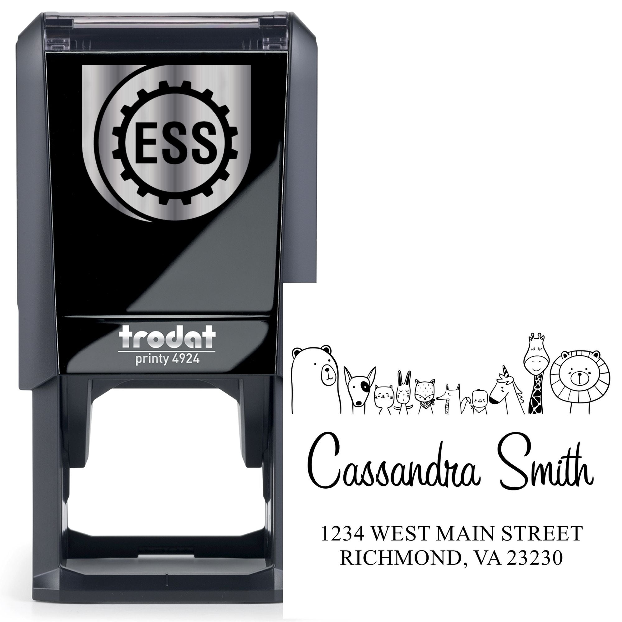Self-Inking Cartoon Animal Zany Zoo Personalized Return Address Stamper featuring a custom-made address stamper design. The image shows a black stamper with cartoon animals and personalized address details, ideal for adding a fun touch to mail.