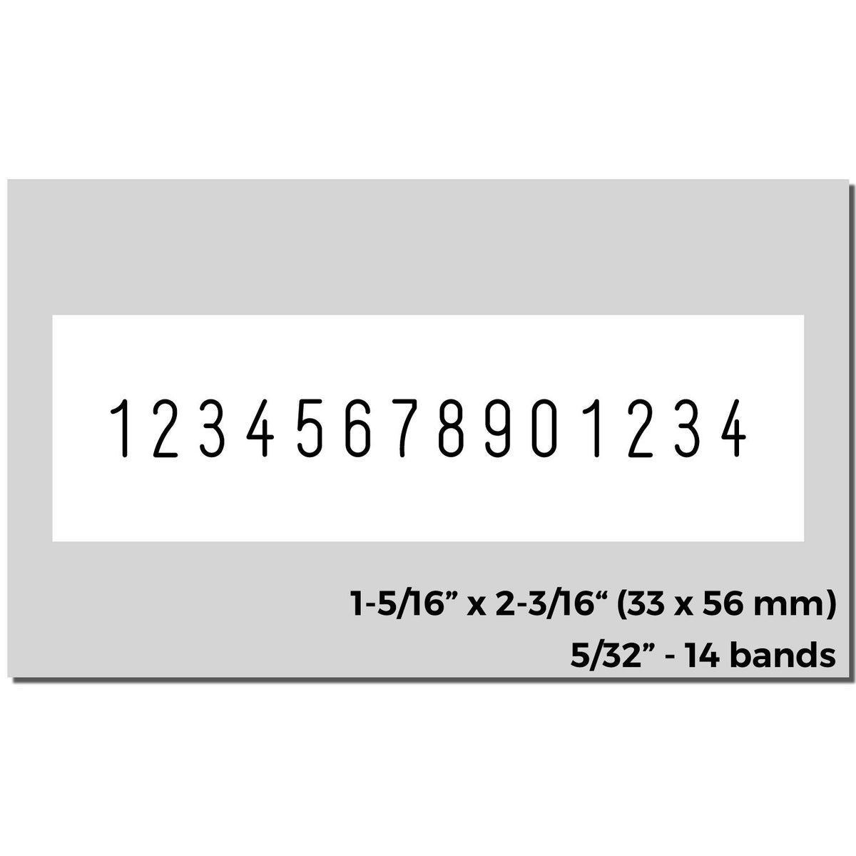 Gray self-inking stamp and seal with black number bands on a white insert, 1-5/16 x 2-3/16 in, 14 bands.