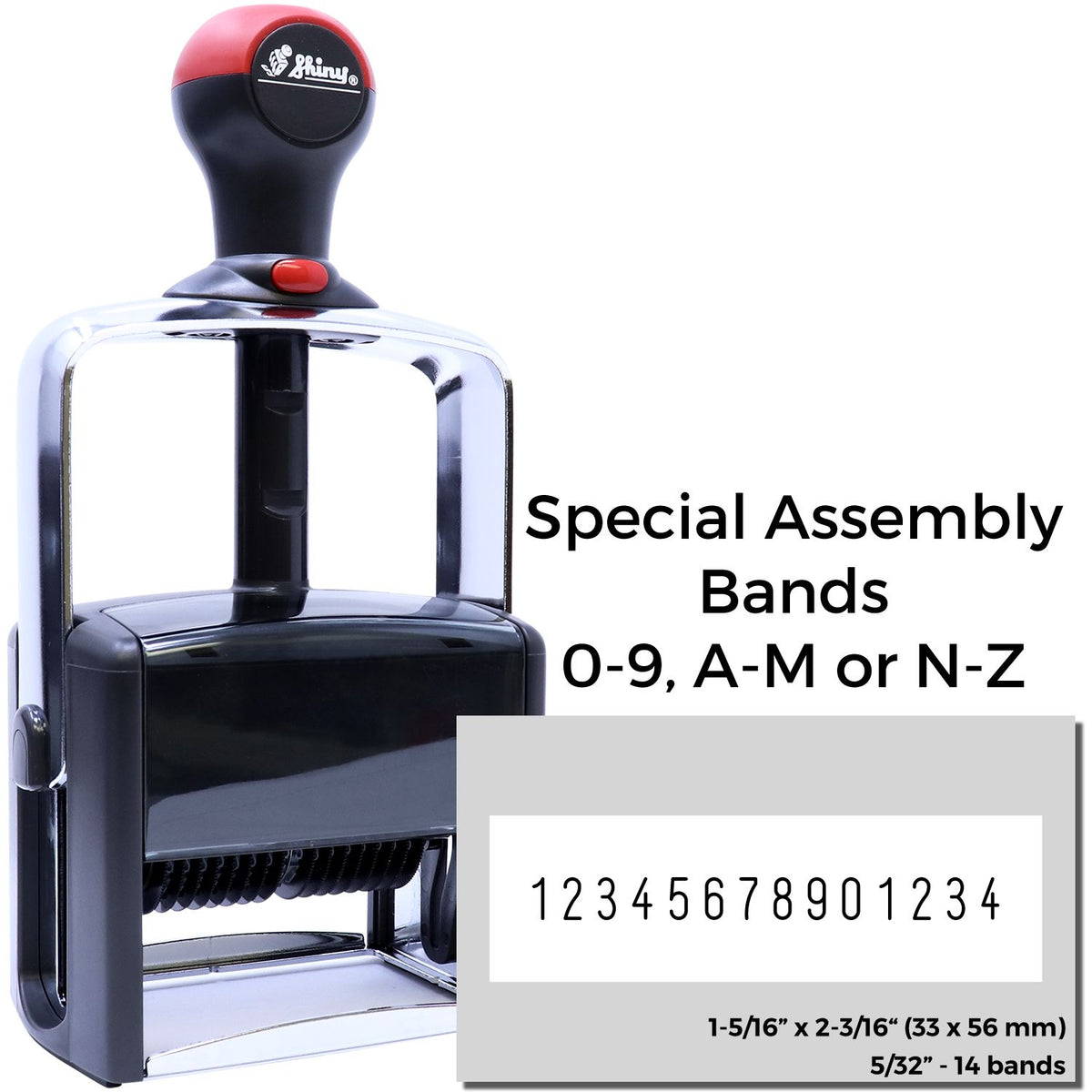 Black and red self-inking band stamp with silver frame, special assembly bands, and 14-character number band insert.