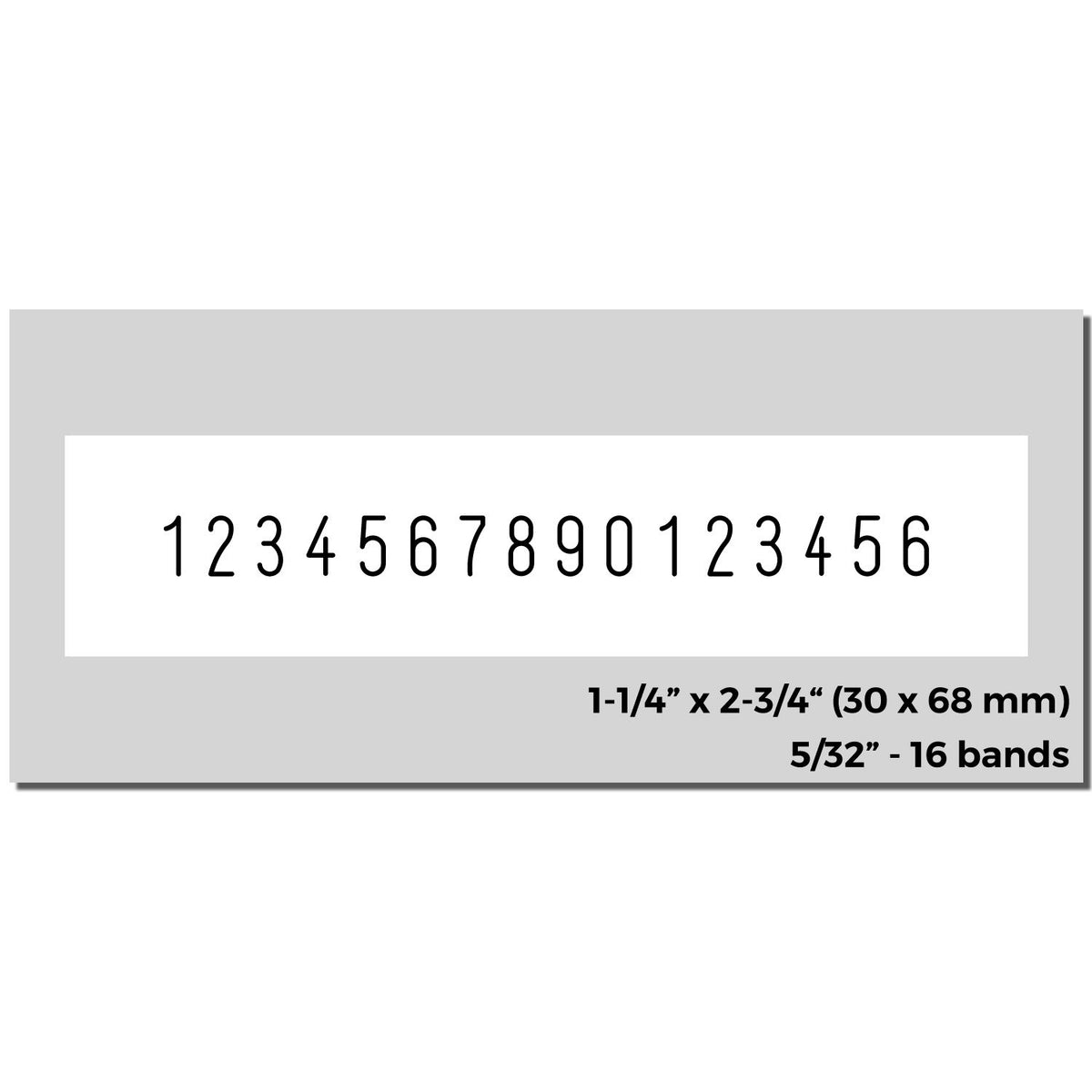 Gray stamp and seal with white panel and black numbered bands, 1234567890123456, 1-1/4 x 2-3/4 in.