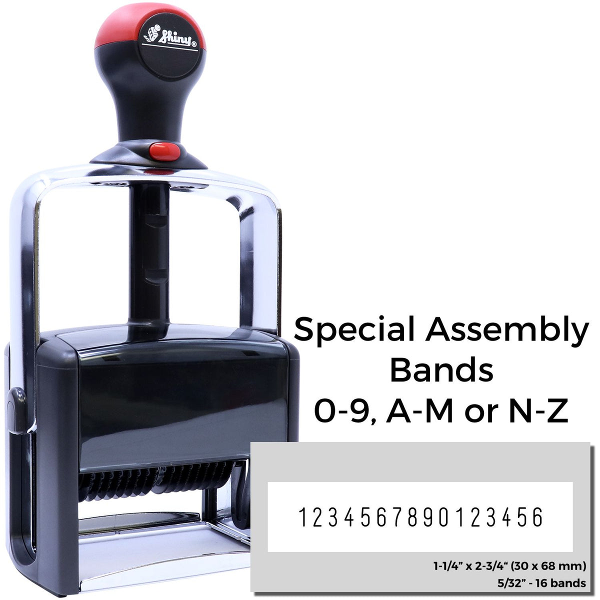 Black and red self-inking stamp and seal with chrome frame, numbered bands, and Special Assembly label for 0-9, A-M or N-Z.