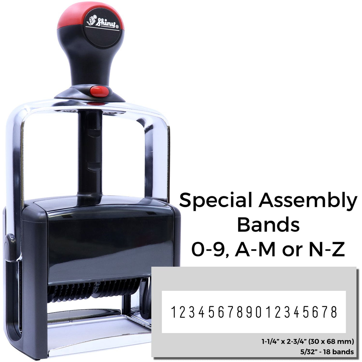 Black and red self-inking stamp/seal numbering device with chrome frame, Special Assembly Bands and sample digits.
