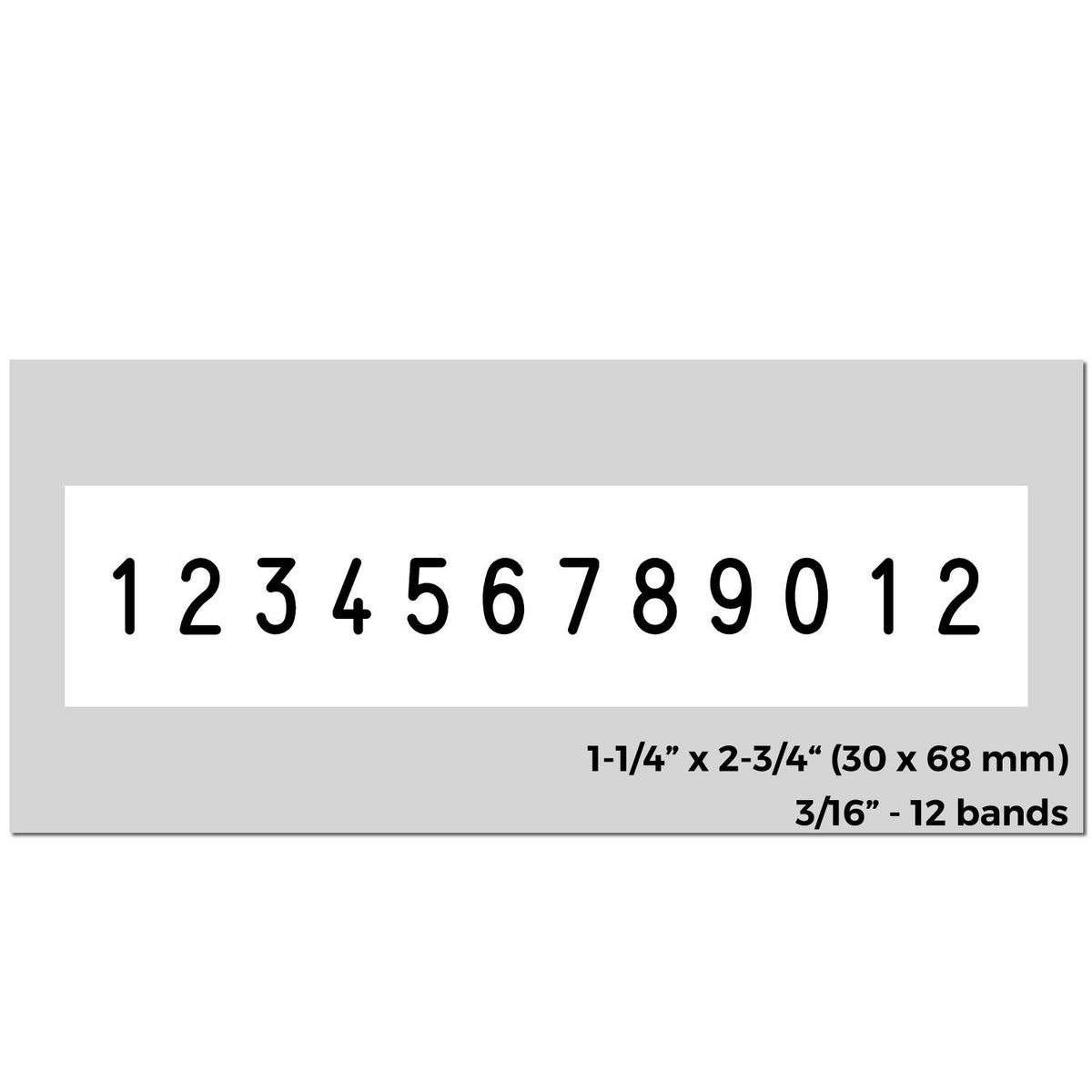 Gray stamp seal insert with black 123456789012 numbering, 1-1/4 x 2-3/4 in, 12-band 3/16-inch format