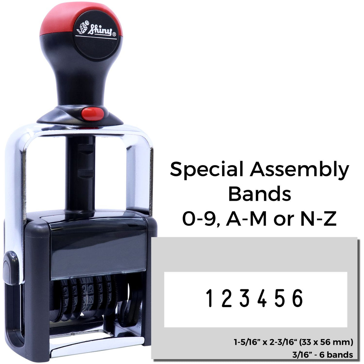 Black and red self-inking stamp seal with six number bands and special assembly bands for 0-9, A-M, or N-Z