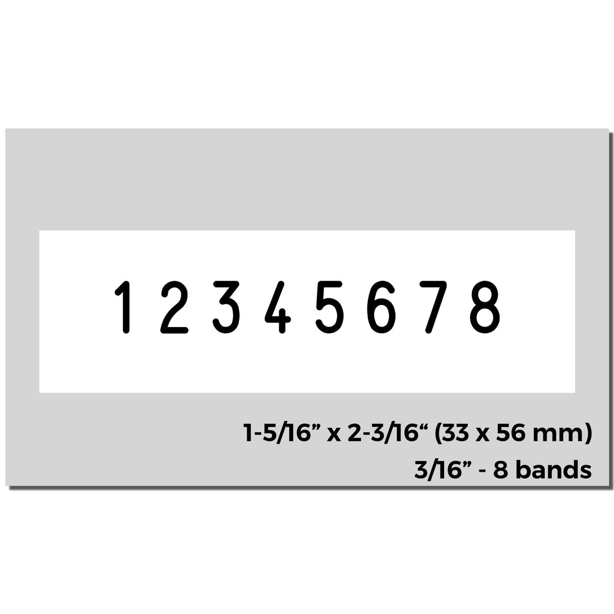Gray self-inking number stamp with black 12345678, 8 bands, white face, and size details.
