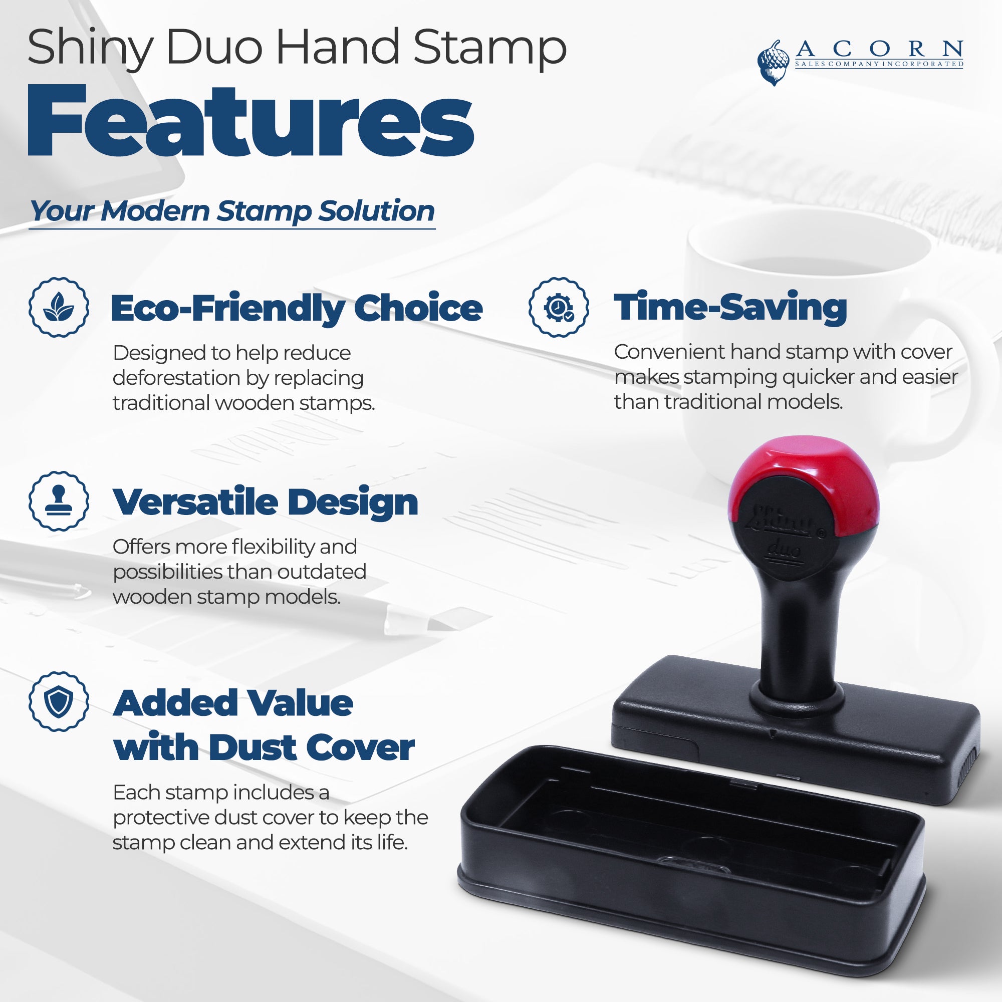 Black and red Shiny Duo hand stamp with dust cover, modern self-inking seal for eco-friendly, time-saving stamping.