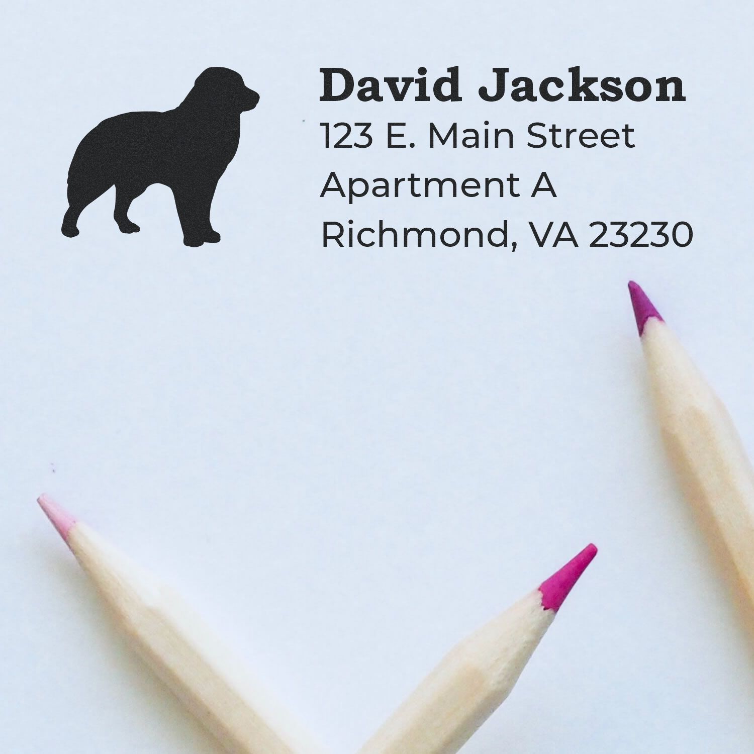 Self-Inking Australian Shepherd Dog Address Stamp on paper with silhouette of a dog, personalized with name and address, next to two colored pencils.