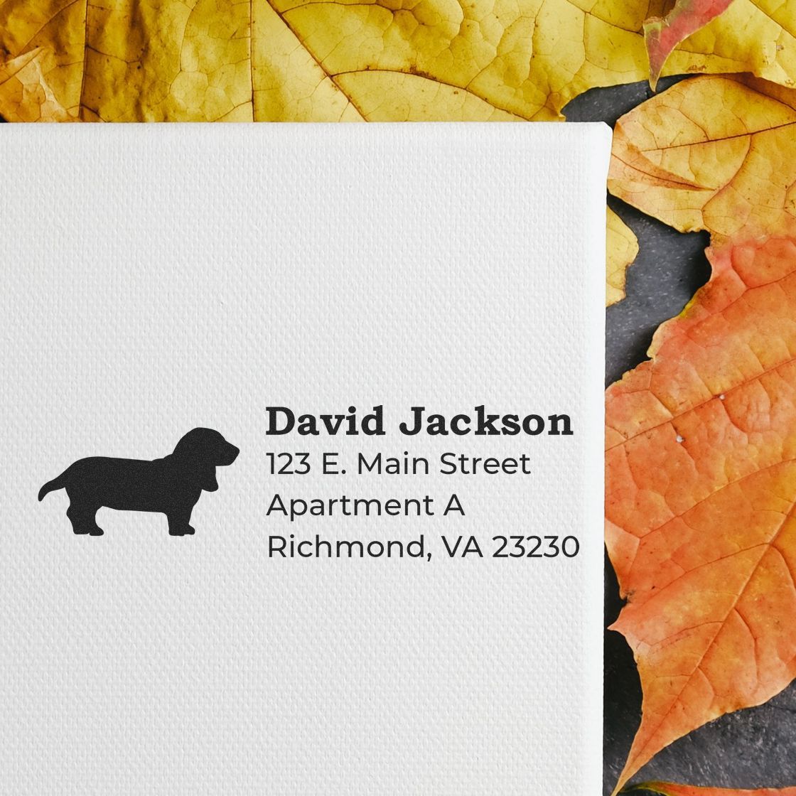 PSI Pre-Inked Personalized Basset Hound Address Stamp on white paper, featuring a basset hound silhouette and address details, set against a background of autumn leaves.