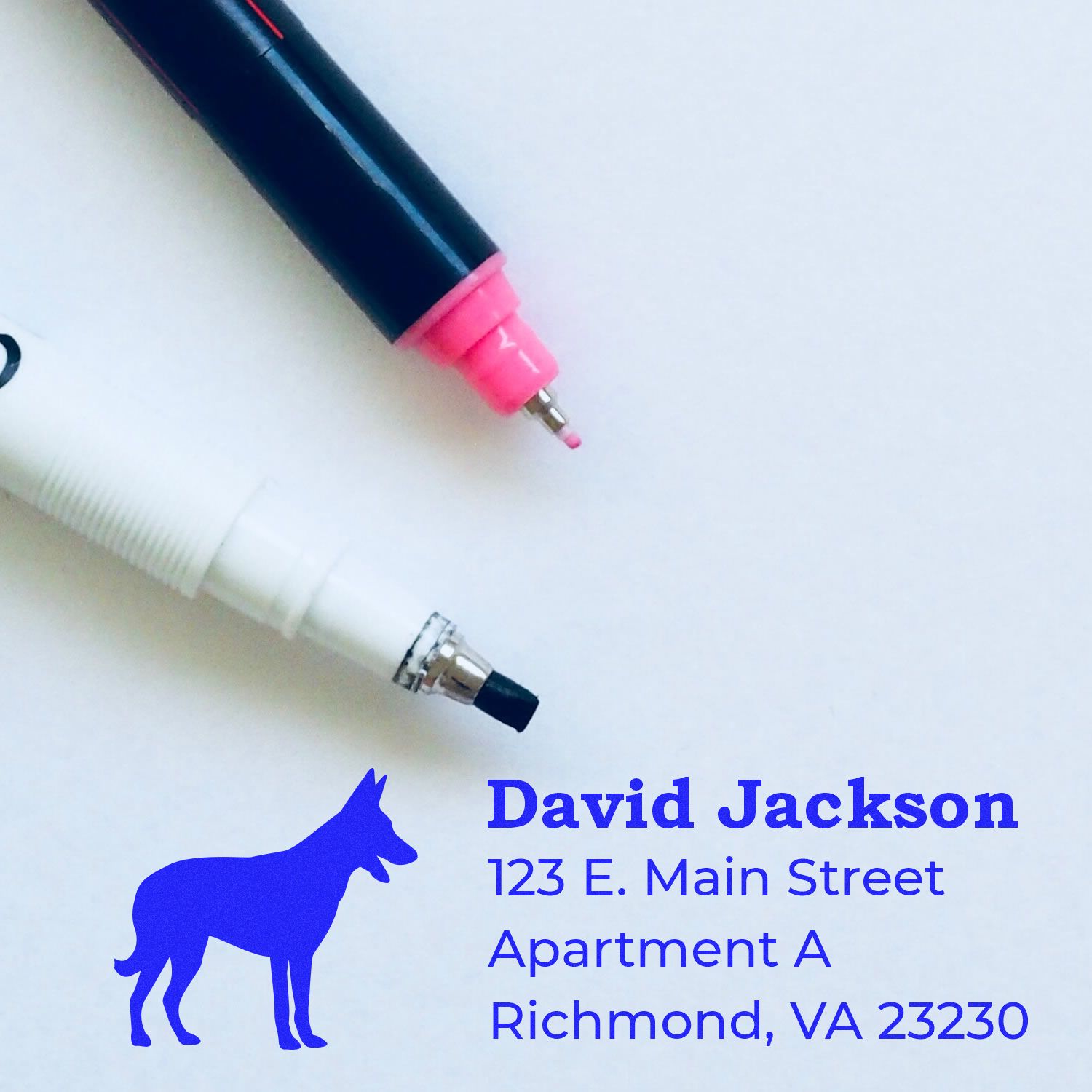 Self-Inking Belgian Malinois Dog Address Stamp on paper with a blue dog silhouette, displaying the address: David Jackson, 123 E. Main Street, Apartment A, Richmond, VA 23230.