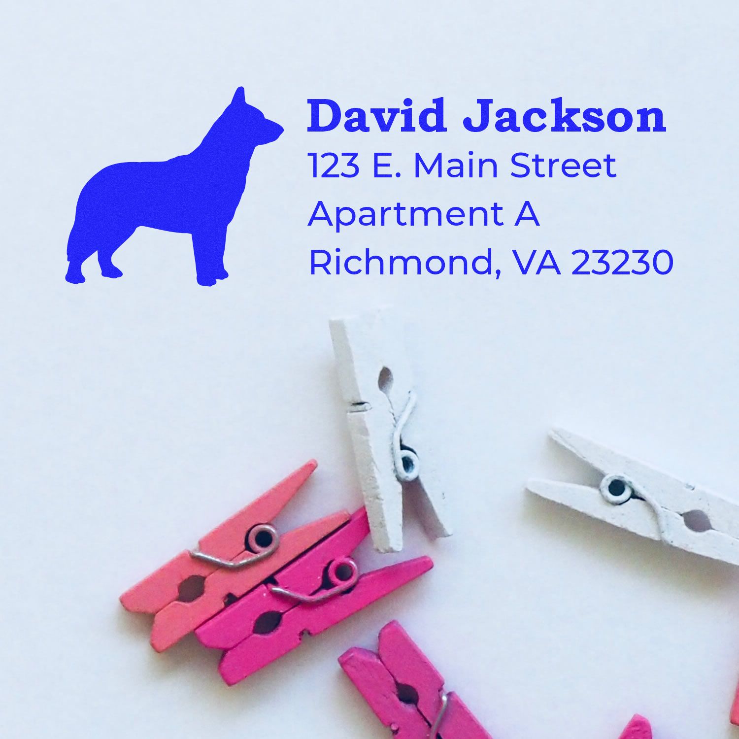 Blue Heeler Silhouette Address Rubber Stamp on paper with text: David Jackson, 123 E. Main Street, Apartment A, Richmond, VA 23230. Nearby are red and white clothespins.