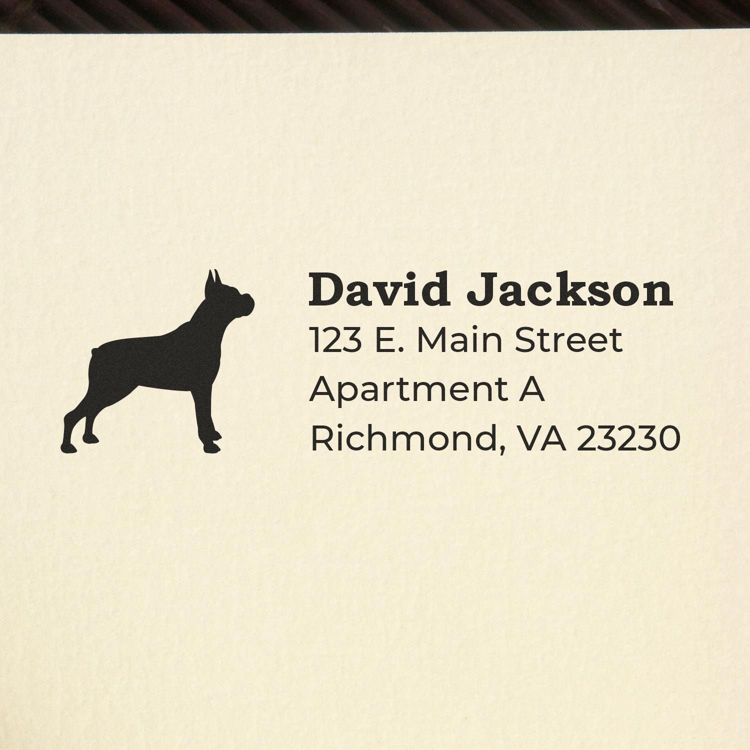 Boxer Silhouette Address Rubber Stamp on paper, featuring a black silhouette of a boxer dog next to a sample address in bold text. Perfect for personalizing mail with a unique touch.