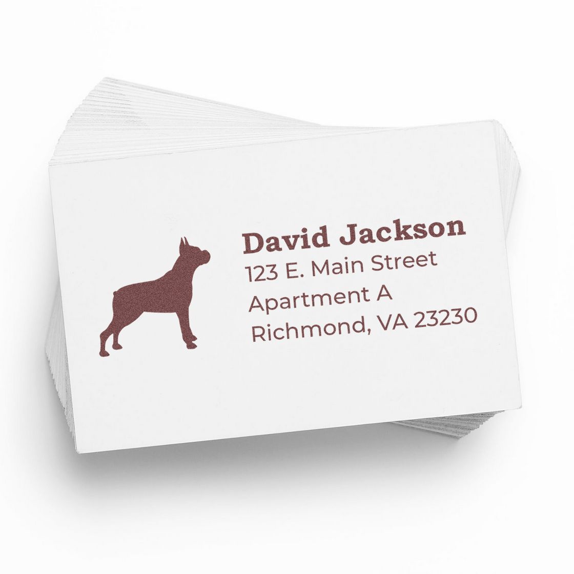 Stack of address cards featuring a brown silhouette of a Boxer dog and text stamped with the Self-Inking Boxer Dog Address Stamp, displaying a sample address in bold, clear font.