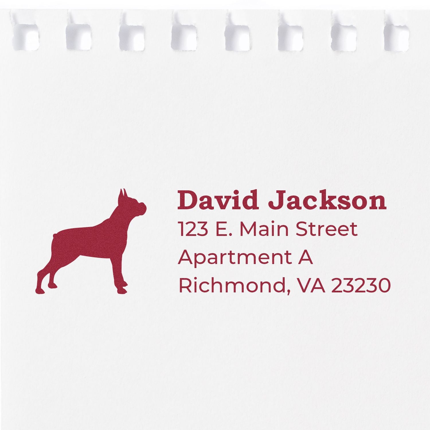 Boxer Silhouette Address Rubber Stamp on white paper, featuring a red boxer dog silhouette next to a sample address in bold, elegant font. Perfect for personalized stationery and mail.