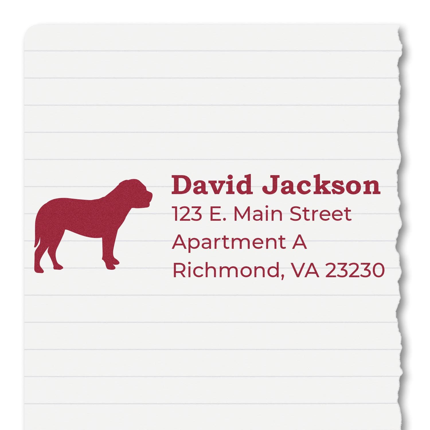 Self-Inking Bullmastiff Dog Address Stamp on lined paper, featuring a red silhouette of a Bullmastiff and sample address text in bold red font.