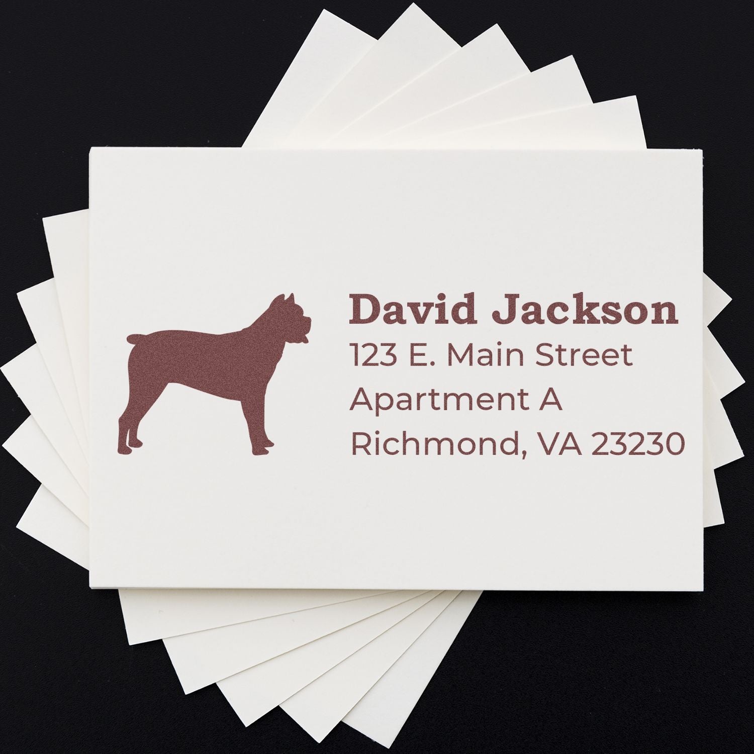 Self-Inking Cane Corso Dog Address Stamp on white cards, featuring a silhouette of a Cane Corso and sample address text in elegant font. Perfect for personalized stationery.