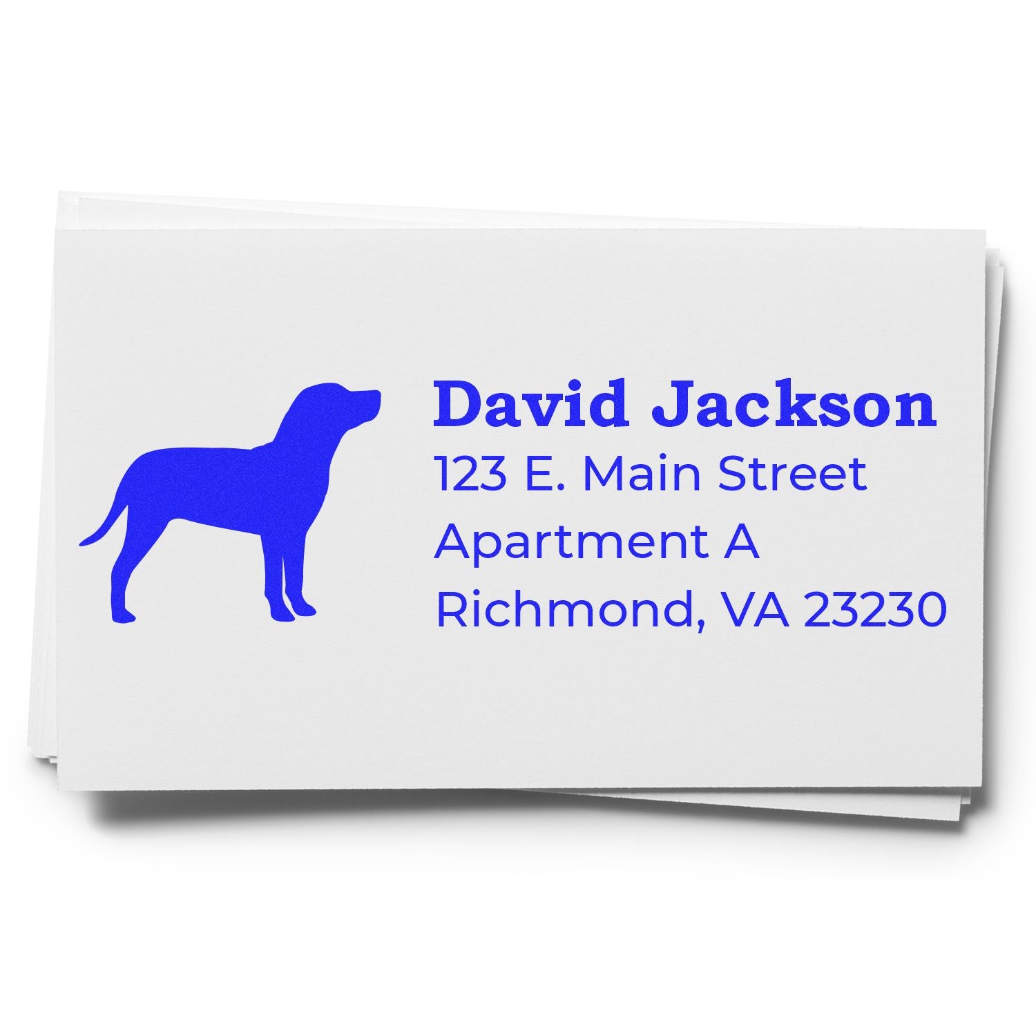 Catahoula Silhouette Address Rubber Stamp on white paper, featuring a blue dog silhouette and sample address text in bold blue font.