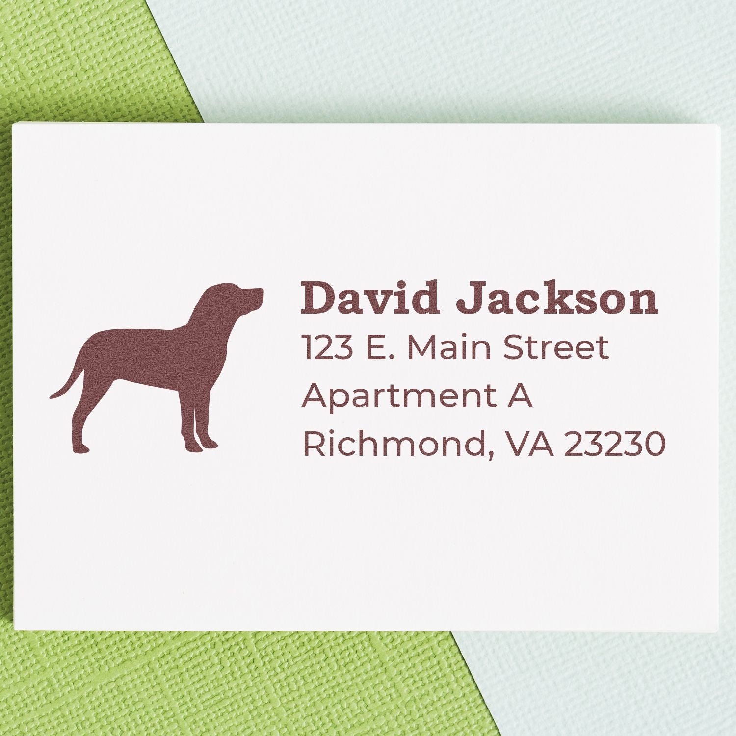 Slim Pre-Inked Catahoula Address Stamp on white card with a brown Catahoula dog silhouette and sample address text. Card placed on green textured surface.