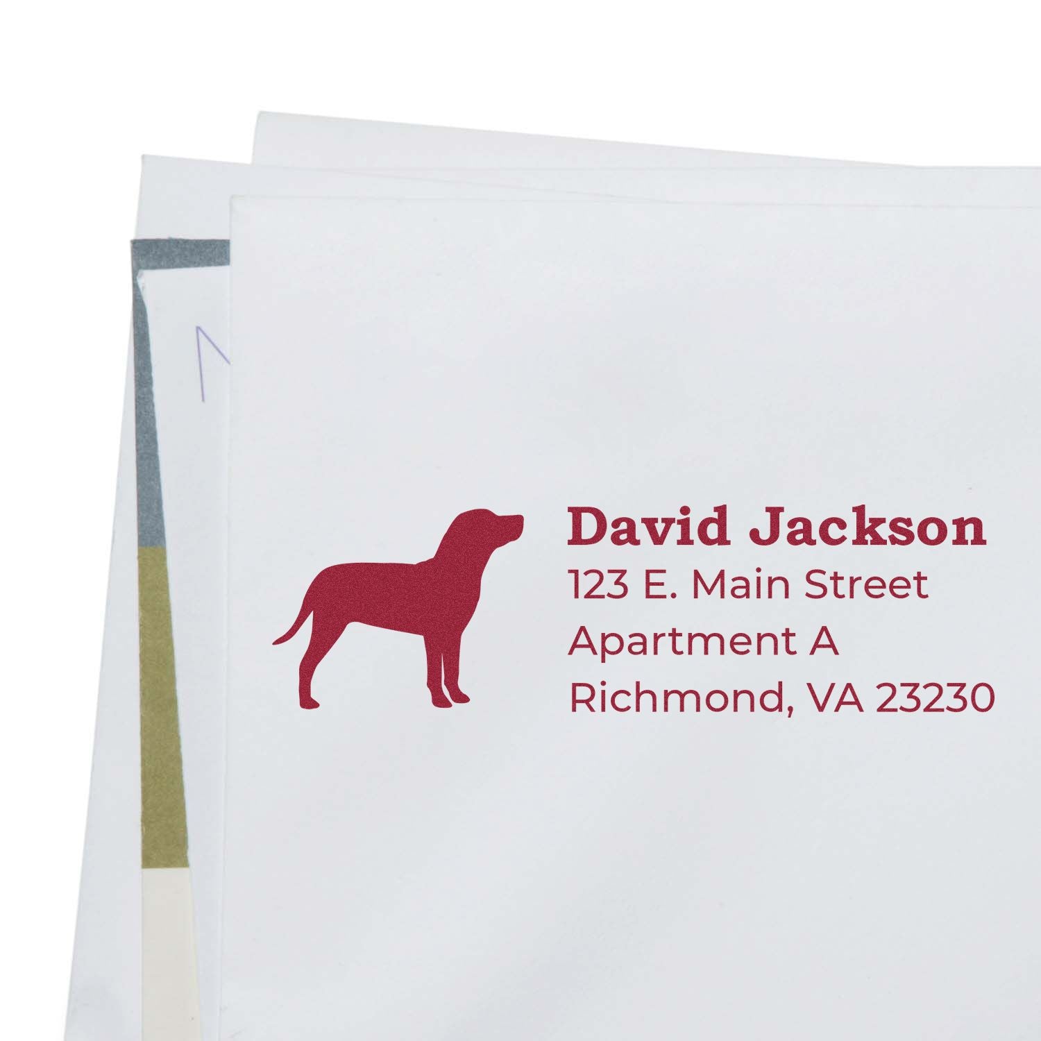 Catahoula Silhouette Address Rubber Stamp on an envelope, featuring a red dog silhouette and sample address text in bold font.