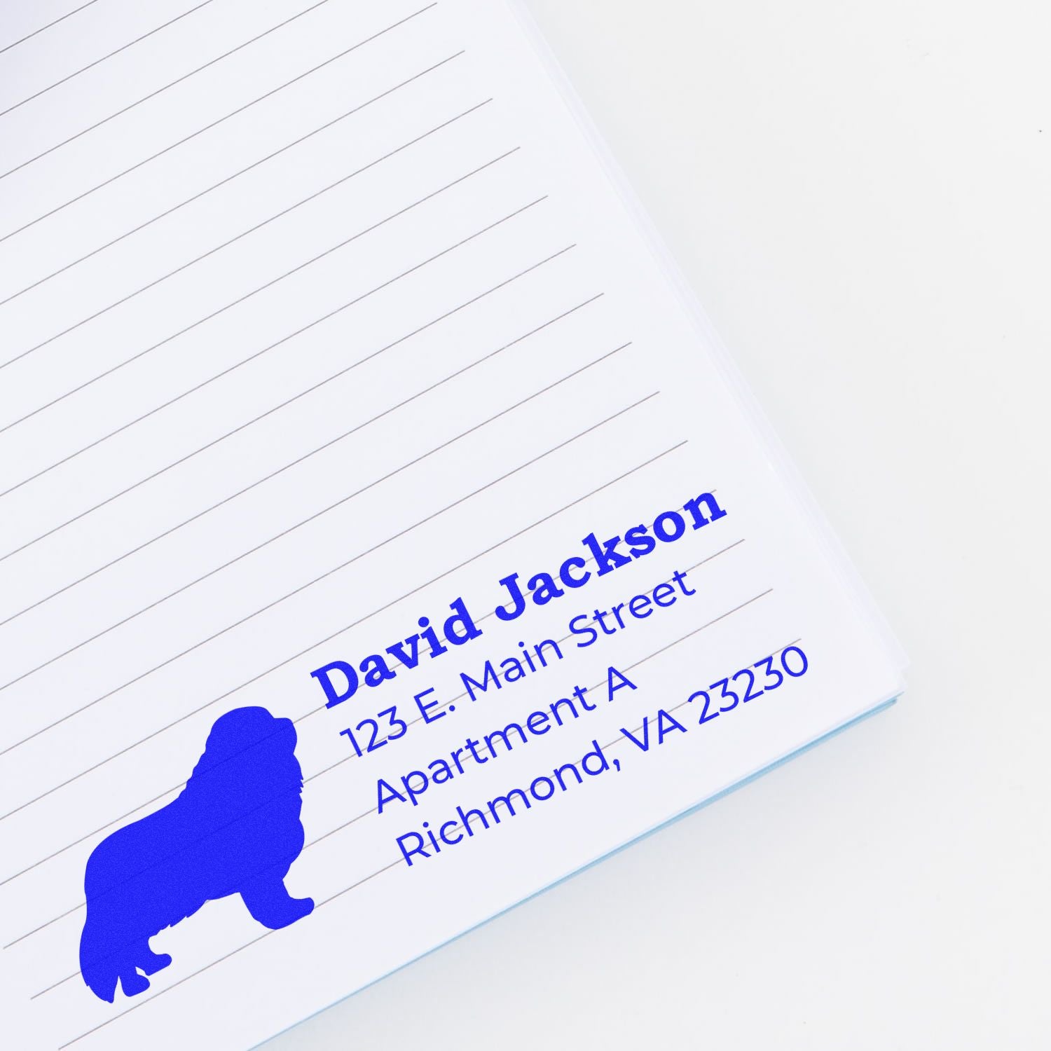 Slim Pre-Inked Cavalier King Charles Address Stamp on a lined notebook, featuring a blue silhouette of the dog and sample address text in bold blue font.