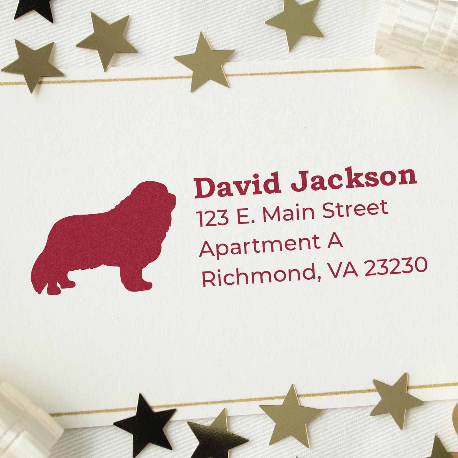 Self-Inking Cavalier King Charles Dog Address Stamp on white paper with gold stars. Features a red silhouette of the dog and sample address text in elegant font. Perfect for personalized mail.