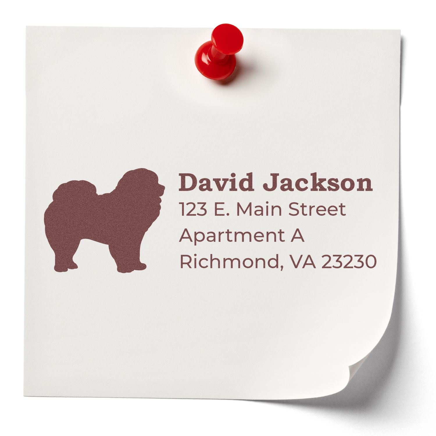 Chow Silhouette Address Rubber Stamp on a white note with a red pushpin, featuring a Chow Chow silhouette and sample address text in brown.