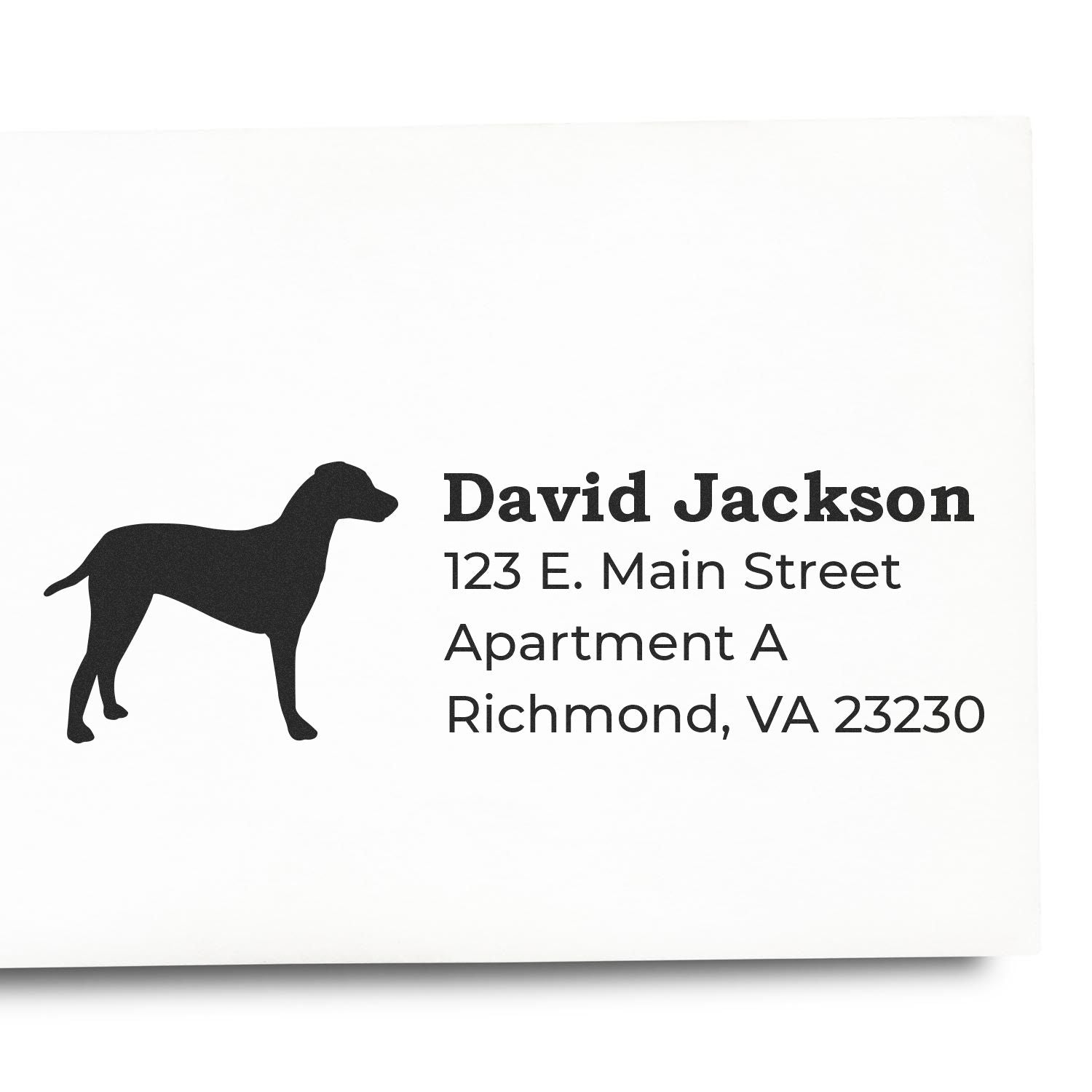 PSI Pre-Inked Personalized Dalmatian Address Stamp on white paper, featuring a black silhouette of a Dalmatian and sample address text in bold, clear font.