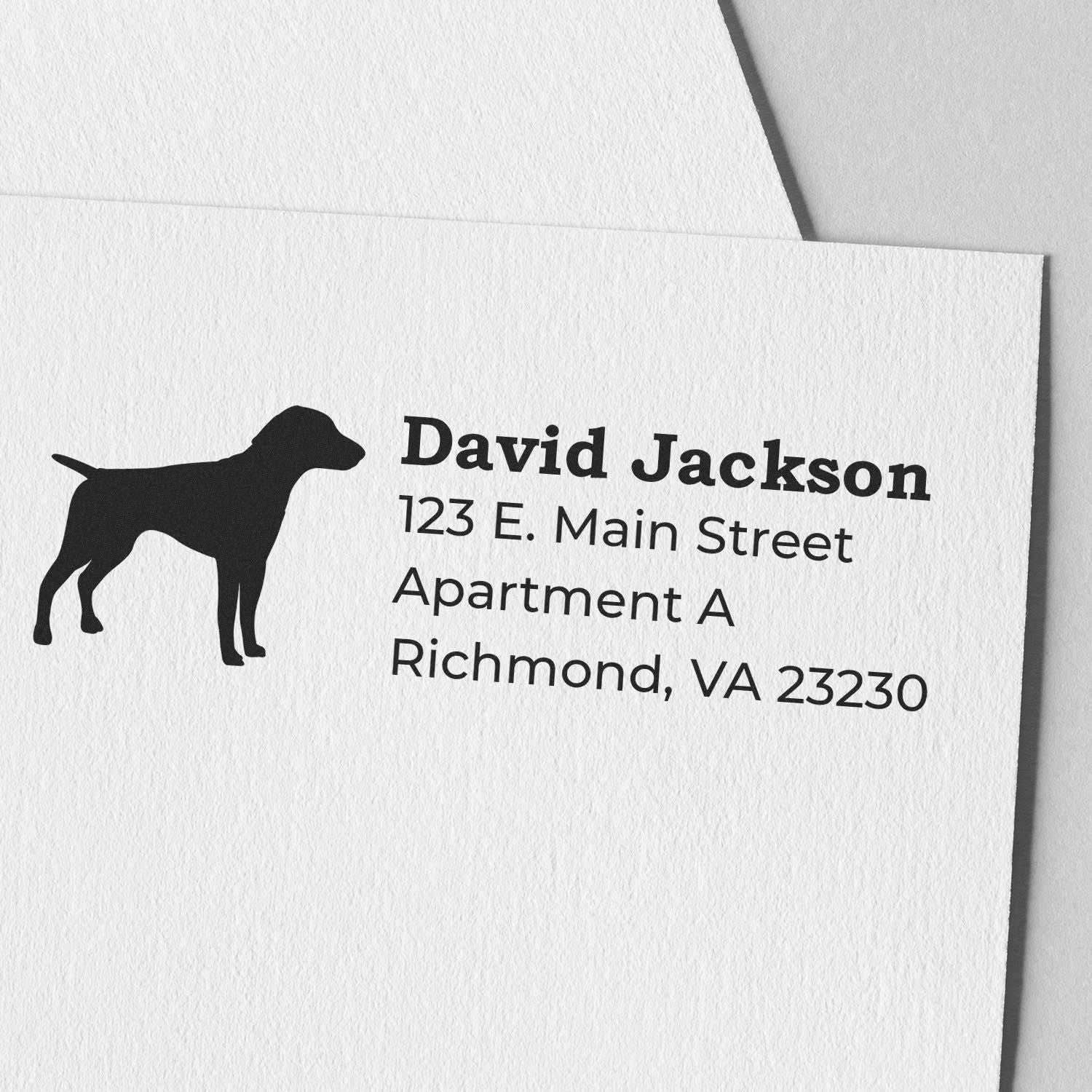 Slim Pre-Inked German Shorthaired Pointer Address Stamp on white paper, featuring a silhouette of the dog and sample address text in bold, clear font.