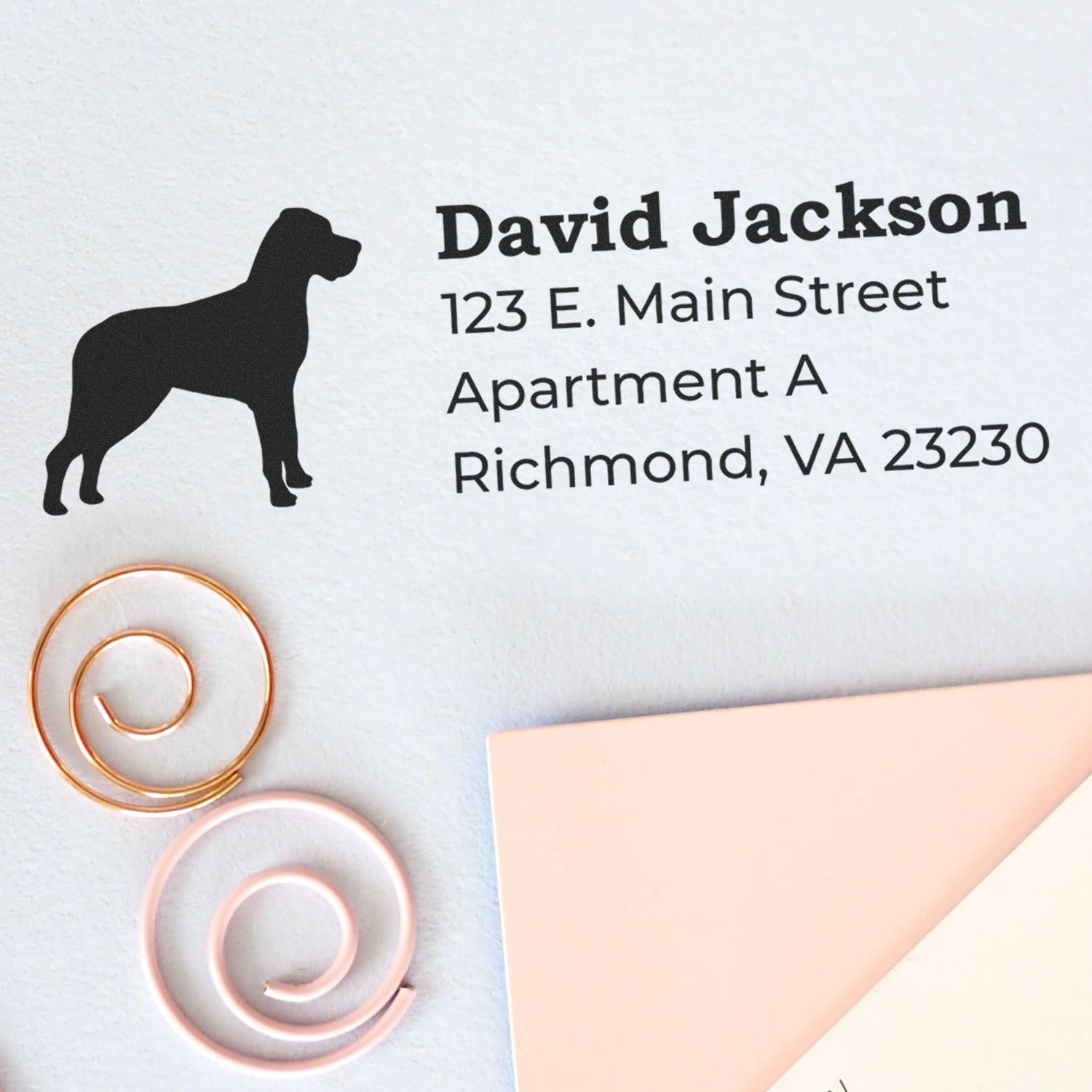 Slim Pre-Inked Great Dane Address Stamp on light paper, featuring a Great Dane silhouette and sample address text. Stylish and efficient for personalizing mail.