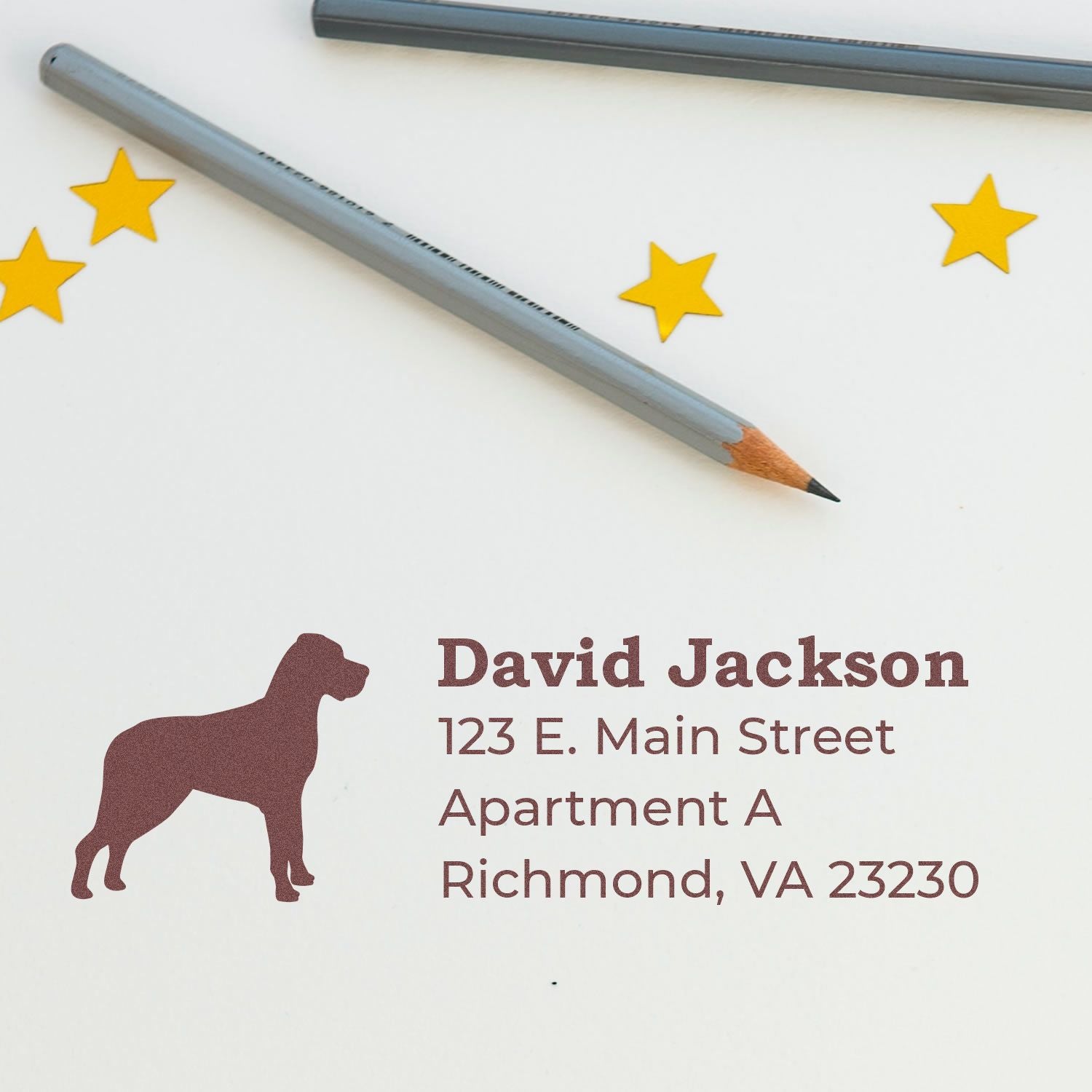 Great Dane Silhouette Address Rubber Stamp on paper with a Great Dane silhouette, personalized address, and pencils nearby. Five yellow stars decorate the background.