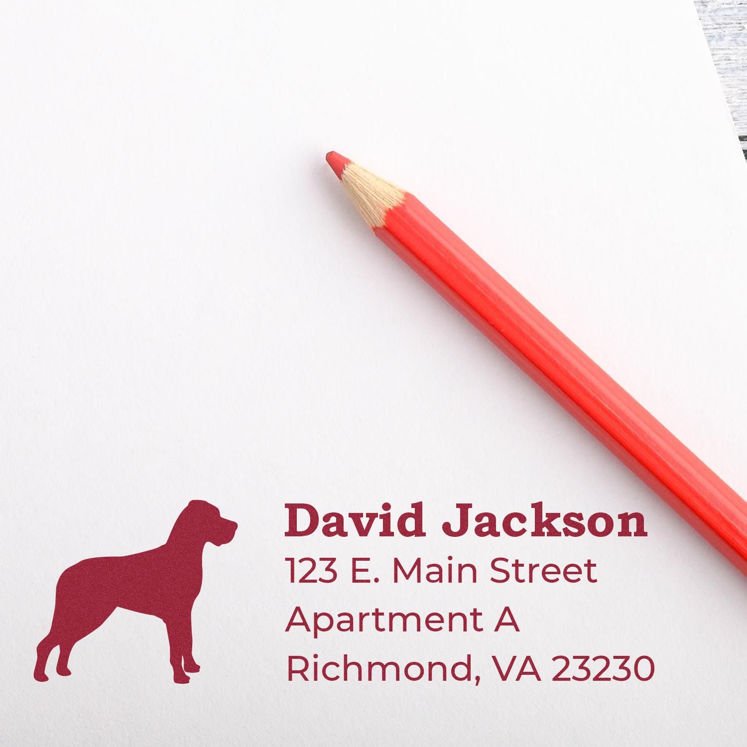 PSI Pre-Inked Personalized Great Dane Address Stamp on white paper with red pencil, featuring a Great Dane silhouette and sample address in bold red font.