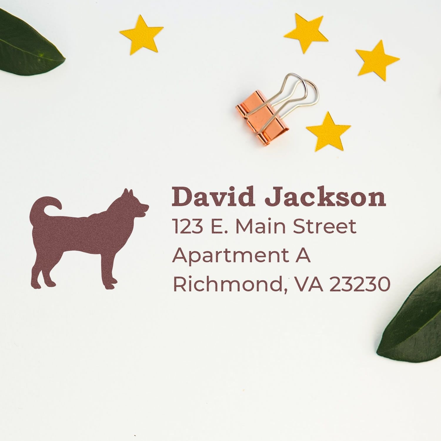 Self-Inking Husky Dog Address Stamp on white paper with a husky silhouette, sample address, and decorative stars. A copper binder clip and green leaves are nearby.