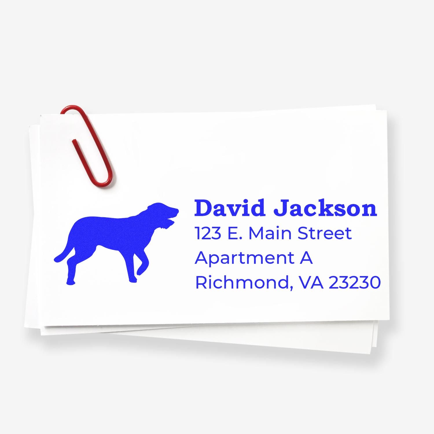 Self-Inking Irish Wolfhound Dog Address Stamp on white paper with a blue dog silhouette and sample address. A red paperclip holds the stack together.