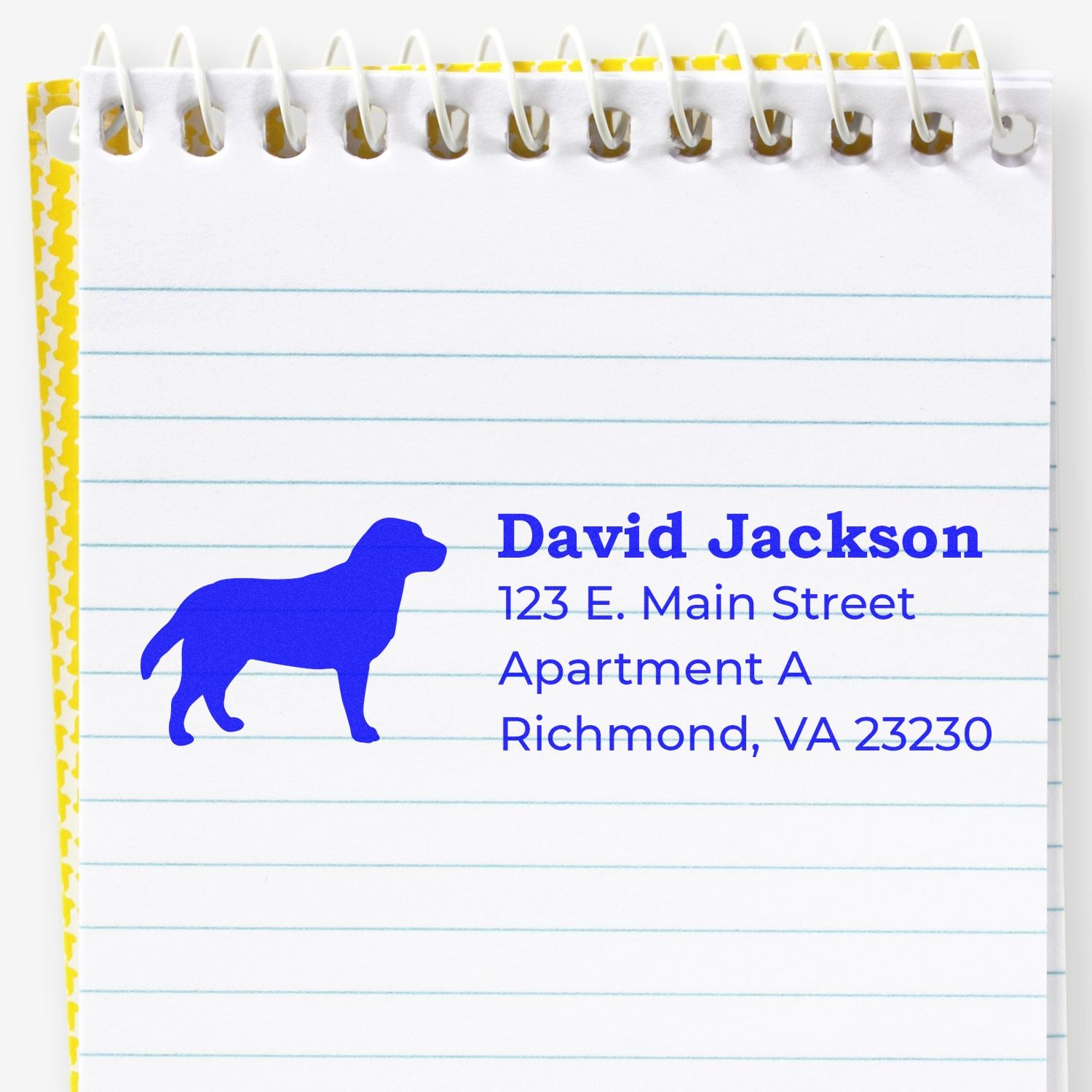 Lined notebook page with a blue Labrador silhouette address rubber stamp featuring a name and address in bold text. The stamp is centered on the page, showcasing its clear imprint.