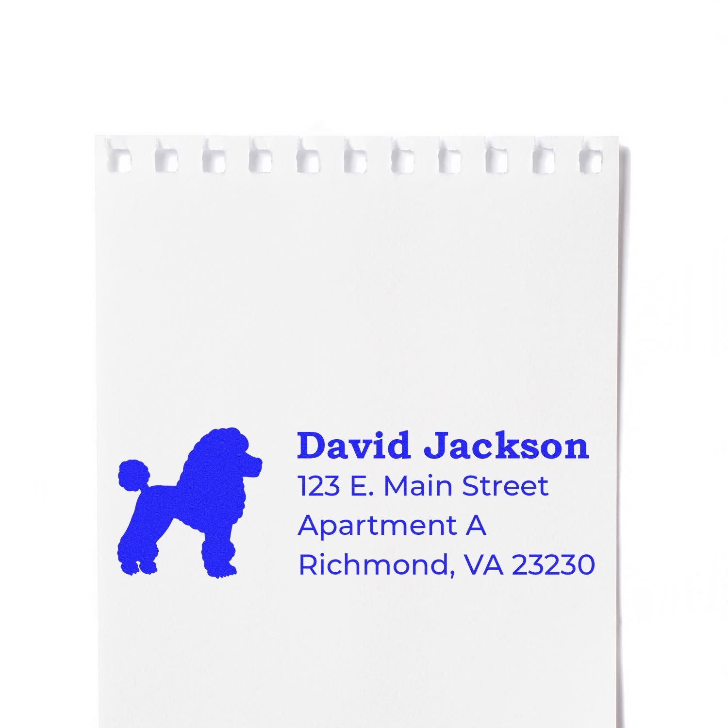 PSI Pre-Inked Personalized Poodle Address Stamp on white paper, featuring a blue poodle silhouette and sample address text in blue.