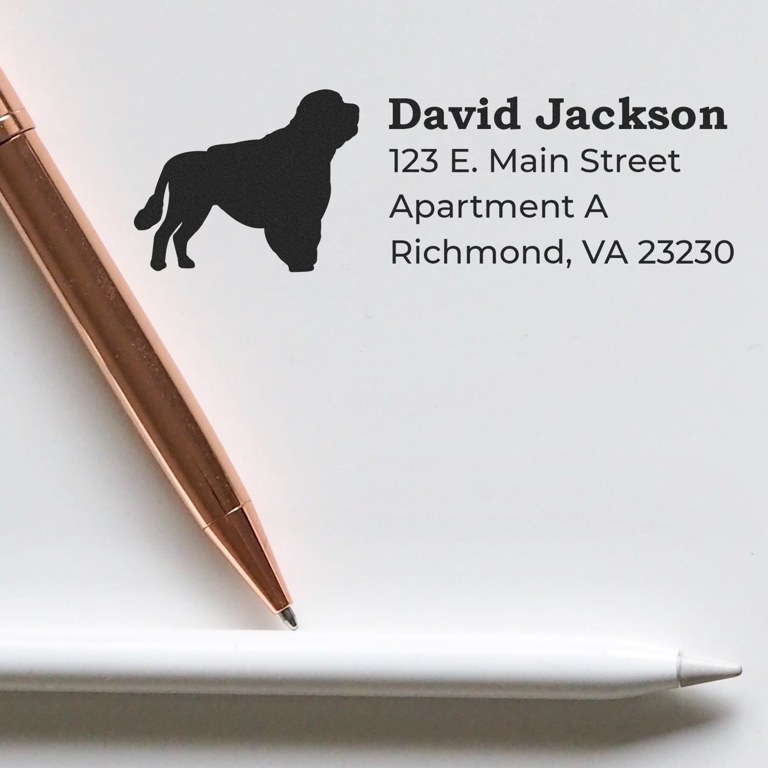 PSI Pre-Inked Personalized Portuguese Water Dog Address Stamp on paper with a silhouette of the dog, next to a gold and white pen.