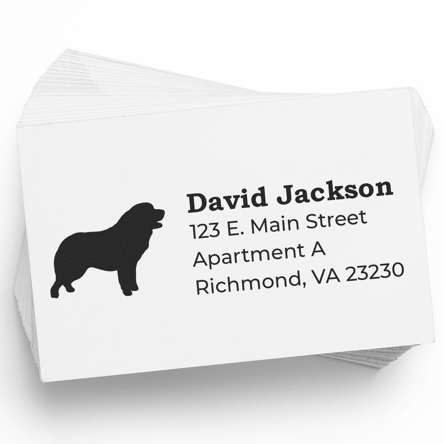 Pyrenean Mountain Dog Silhouette Address Rubber Stamp on a stack of cards, featuring a dog silhouette and sample address text in bold black font.