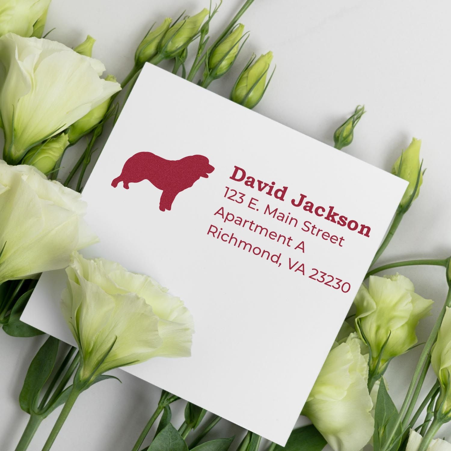 Self-Inking Pyrenean Mountain Dog Address Stamp on white card with red text, surrounded by white flowers.